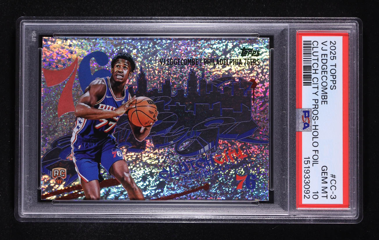 VJ Edgecombe 2025-26 Topps Clutch City Prospects Holo Foil #CC3 RC (PSA 10) at PristineAuction.com VJ Edgecombe 2025-26 Topps Clutch City Prospects Holo Foil #CC3 RC (PSA 10) at PristineAuction.com