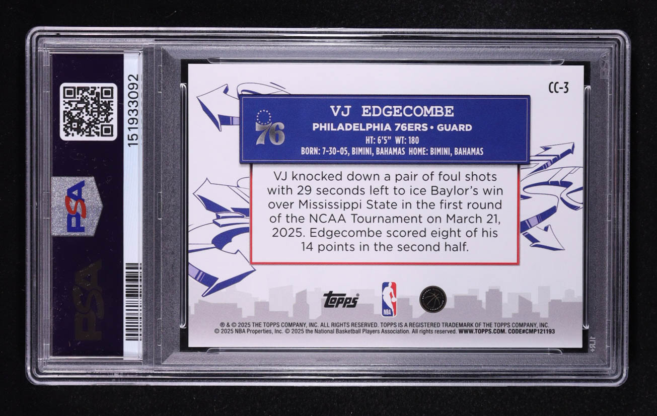 VJ Edgecombe 2025-26 Topps Clutch City Prospects Holo Foil #CC3 RC (PSA 10) at PristineAuction.com VJ Edgecombe 2025-26 Topps Clutch City Prospects Holo Foil #CC3 RC (PSA 10) at PristineAuction.com