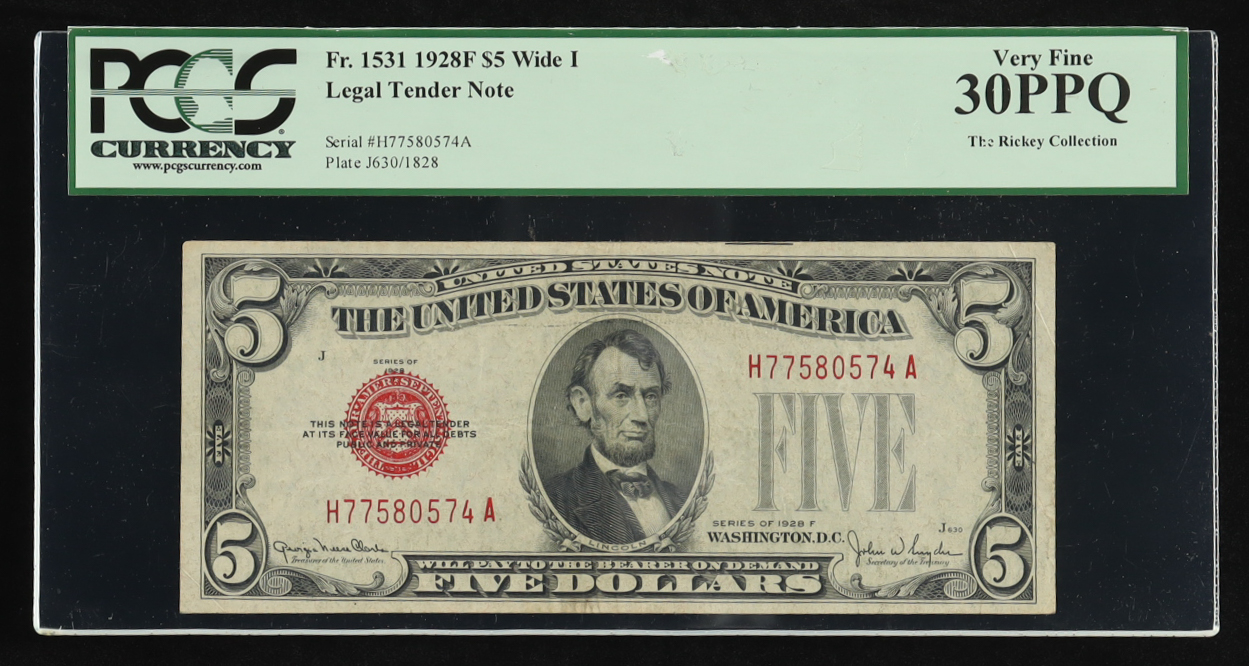 1928-F $5 Five Dollar Legal Tender U.S. Bank Note - Red Seal (PCGS 30PPQ Very Fine) at PristineAuction.com 1928-F $5 Five Dollar Legal Tender U.S. Bank Note - Red Seal (PCGS 30PPQ Very Fine) at PristineAuction.com