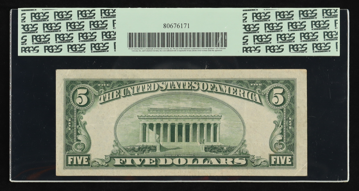 1928-F $5 Five Dollar Legal Tender U.S. Bank Note - Red Seal (PCGS 30PPQ Very Fine) at PristineAuction.com 1928-F $5 Five Dollar Legal Tender U.S. Bank Note - Red Seal (PCGS 30PPQ Very Fine) at PristineAuction.com