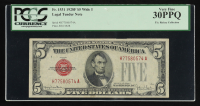 1928-F $5 Five Dollar Legal Tender U.S. Bank Note - Red Seal (PCGS 30PPQ Very Fine) at PristineAuction.com