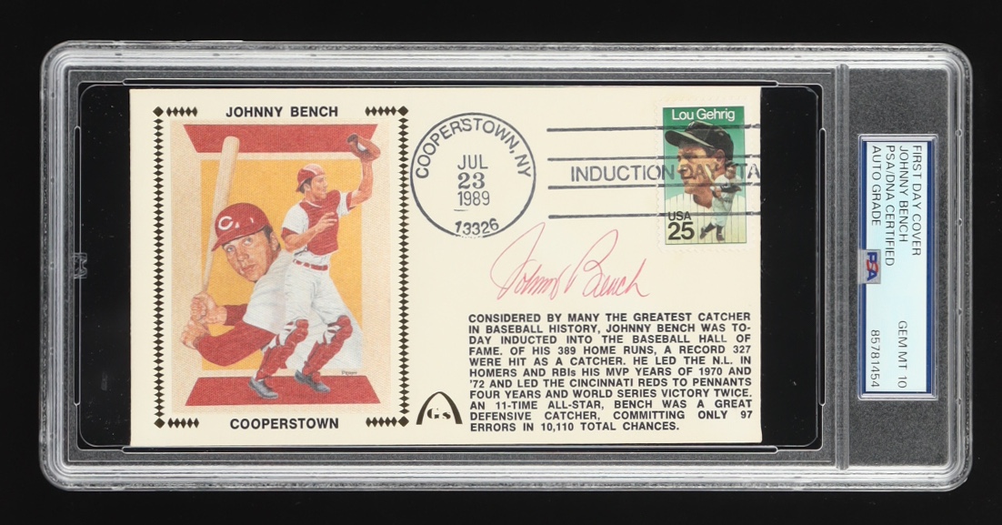 Johnny Bench Signed 1989 "Cooperstown" First Day Cover Cachet Envelope (PSA 10) at PristineAuction.com Johnny Bench Signed 1989 "Cooperstown" First Day Cover Cachet Envelope (PSA 10) at PristineAuction.com