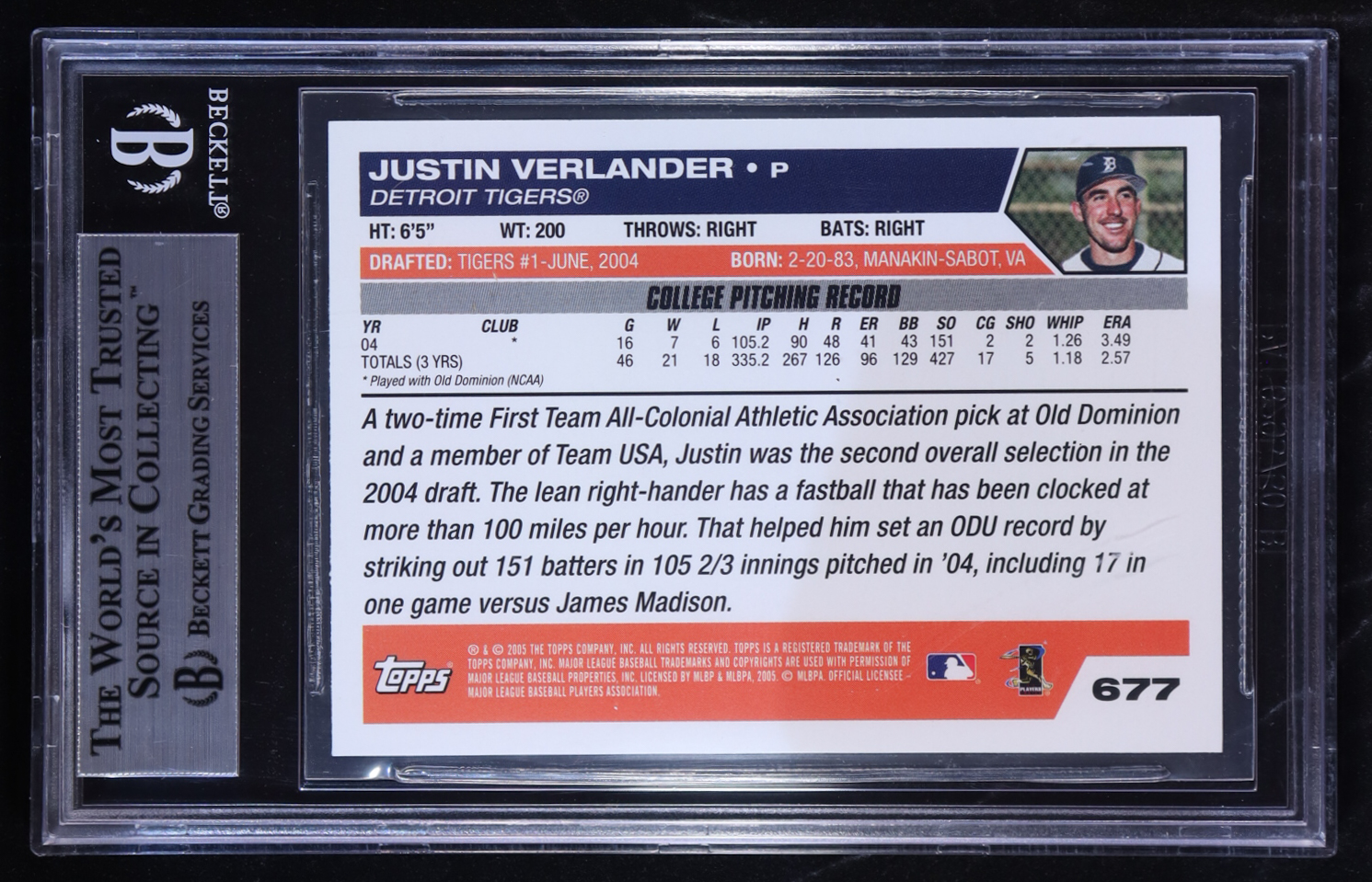Justin Verlander 2005 Topps #677 RC (BGS 9) at PristineAuction.com Justin Verlander 2005 Topps #677 RC (BGS 9) at PristineAuction.com