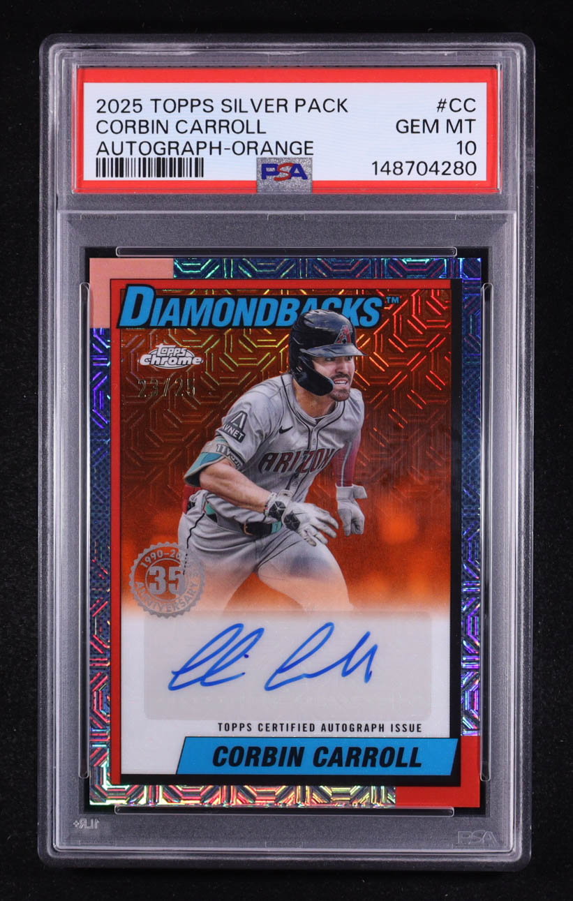 Corbin Carroll 2025 Topps '90 Topps Silver Pack Chrome Autographs Orange Refractors #90CACC #23/25 (PSA 10) at PristineAuction.com Corbin Carroll 2025 Topps '90 Topps Silver Pack Chrome Autographs Orange Refractors #90CACC #23/25 (PSA 10) at PristineAuction.com
