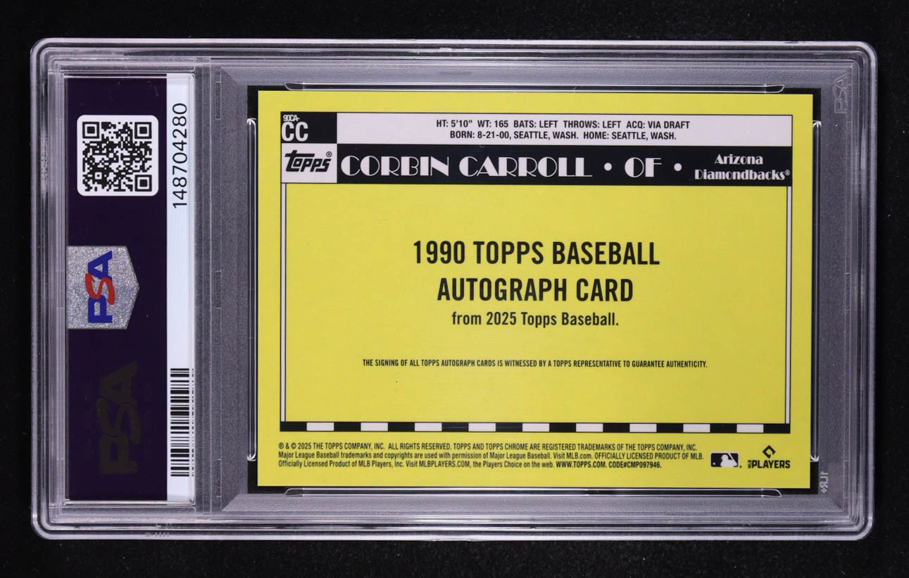 Corbin Carroll 2025 Topps '90 Topps Silver Pack Chrome Autographs Orange Refractors #90CACC #23/25 (PSA 10) at PristineAuction.com Corbin Carroll 2025 Topps '90 Topps Silver Pack Chrome Autographs Orange Refractors #90CACC #23/25 (PSA 10) at PristineAuction.com