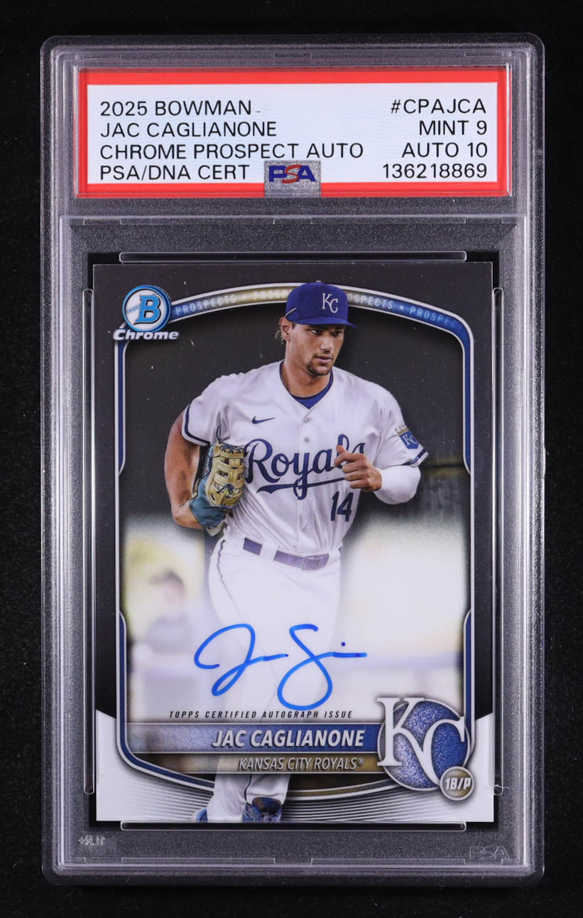 Jac Caglianone 2025 Bowman Chrome Prospect Autographs #CPAJCA RC (PSA 9 | Autograph Graded PSA 10) at PristineAuction.com Jac Caglianone 2025 Bowman Chrome Prospect Autographs #CPAJCA RC (PSA 9 | Autograph Graded PSA 10) at PristineAuction.com