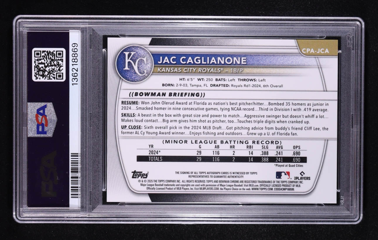 Jac Caglianone 2025 Bowman Chrome Prospect Autographs #CPAJCA RC (PSA 9 | Autograph Graded PSA 10) at PristineAuction.com Jac Caglianone 2025 Bowman Chrome Prospect Autographs #CPAJCA RC (PSA 9 | Autograph Graded PSA 10) at PristineAuction.com