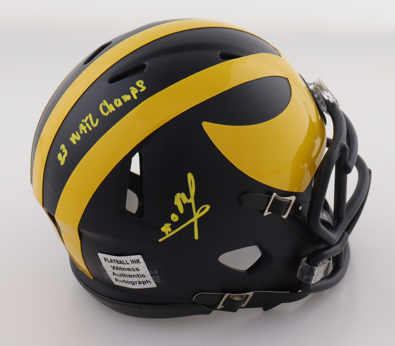 Mike Sainristil Signed Michigan Wolverines Speed Mini Helmet Inscribed "23 Natl Champs" (Playball Ink) at PristineAuction.com Mike Sainristil Signed Michigan Wolverines Speed Mini Helmet Inscribed "23 Natl Champs" (Playball Ink) at PristineAuction.com