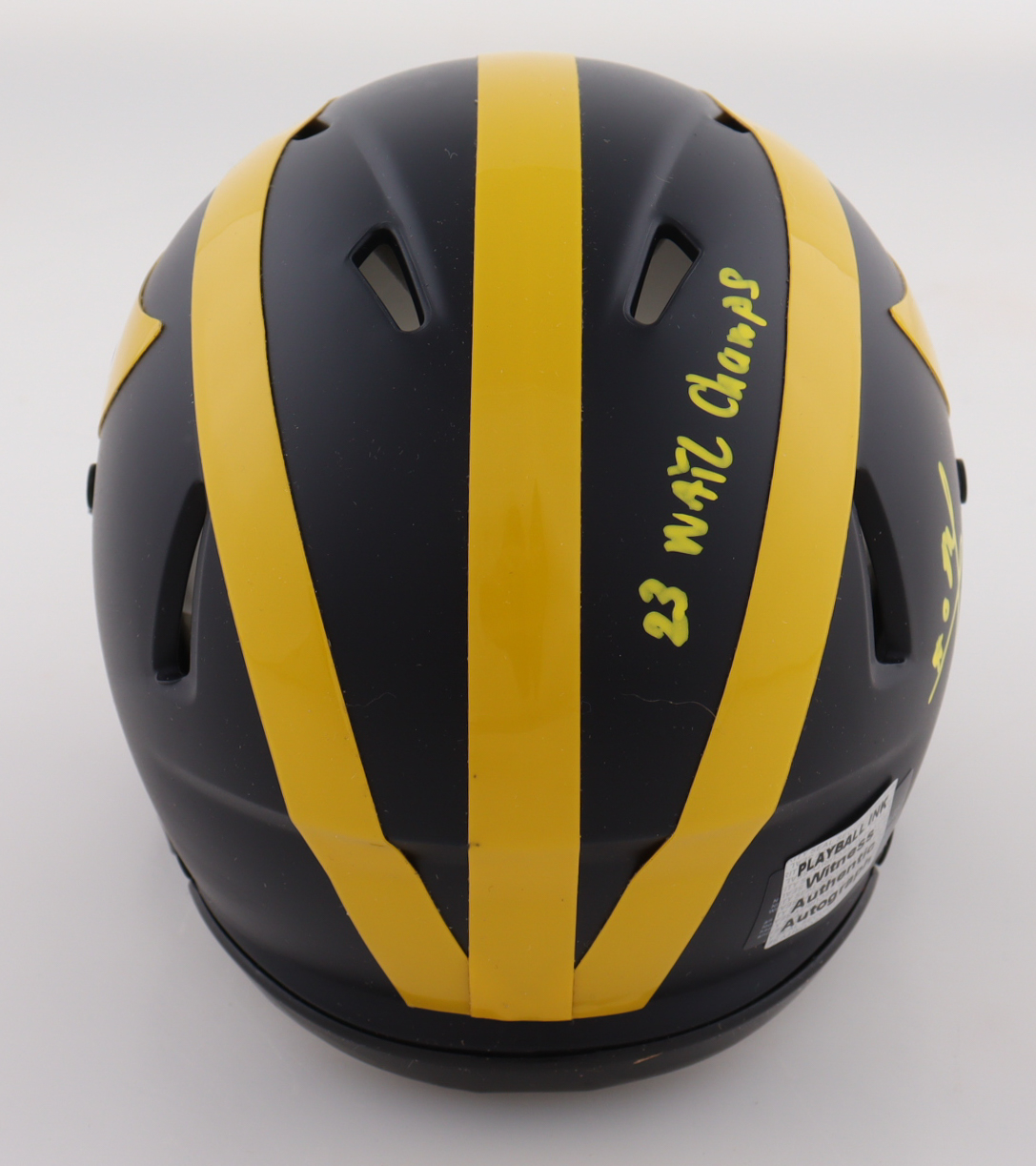 Mike Sainristil Signed Michigan Wolverines Speed Mini Helmet Inscribed "23 Natl Champs" (Playball Ink) at PristineAuction.com Mike Sainristil Signed Michigan Wolverines Speed Mini Helmet Inscribed "23 Natl Champs" (Playball Ink) at PristineAuction.com