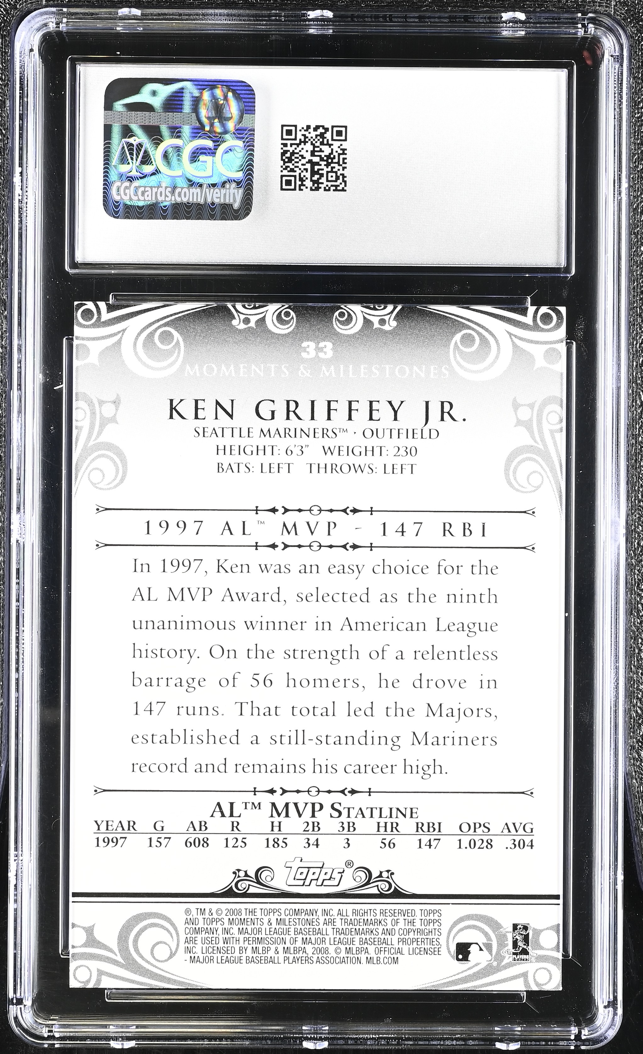 Ken Griffey Jr. 2008 Topps Moments & Milestones 24 Runs Batted In #33 #121/150 (CGC 10) at PristineAuction.com Ken Griffey Jr. 2008 Topps Moments & Milestones 24 Runs Batted In #33 #121/150 (CGC 10) at PristineAuction.com