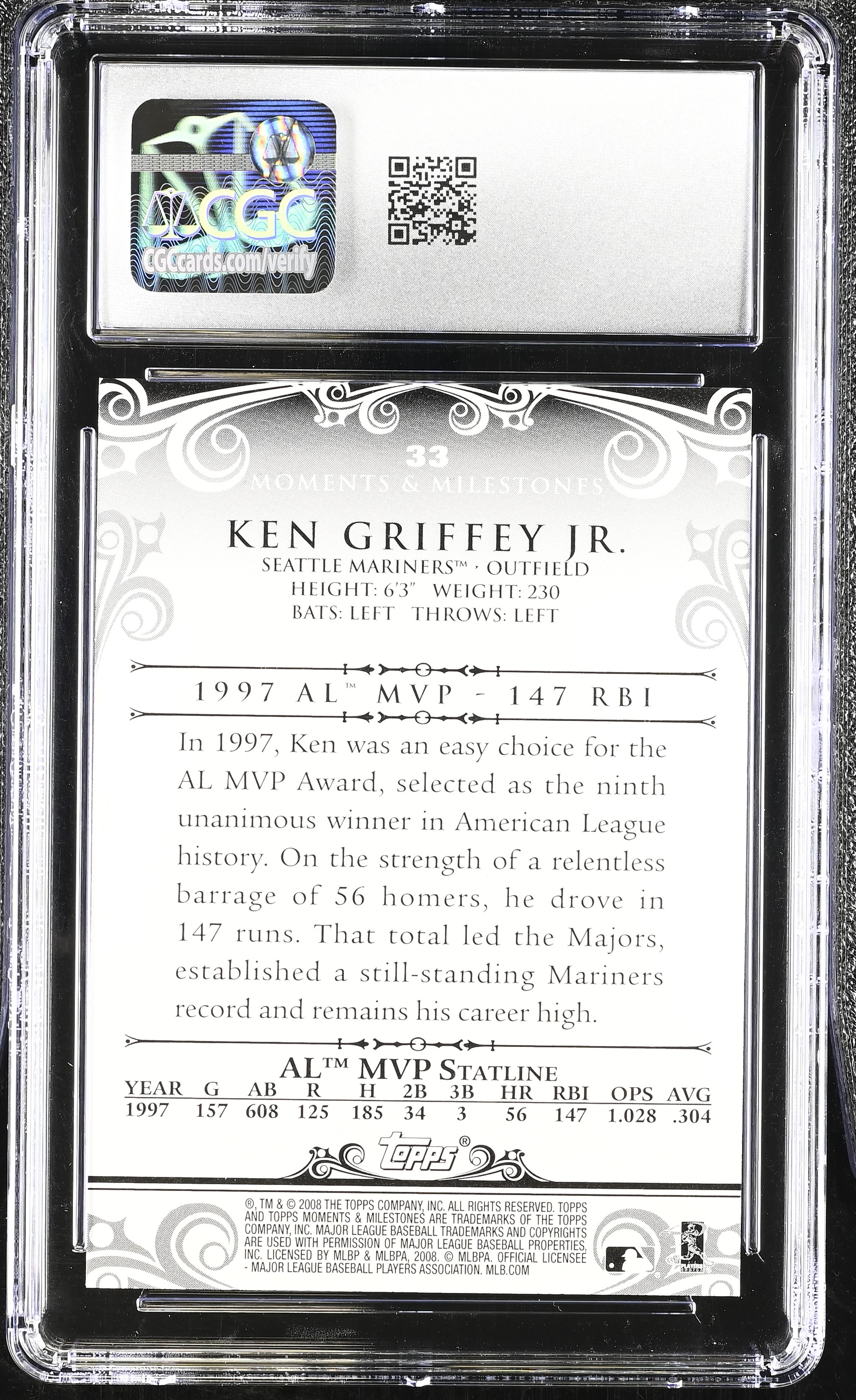 Ken Griffey Jr. 2008 Topps Moments & Milestones 84 Runs Batted In #33 #71/150 (CGC 10) at PristineAuction.com Ken Griffey Jr. 2008 Topps Moments & Milestones 84 Runs Batted In #33 #71/150 (CGC 10) at PristineAuction.com