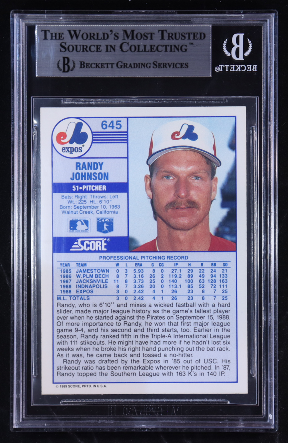 Randy Johnson 1989 Score #645 RC (BGS 8.5) at PristineAuction.com Randy Johnson 1989 Score #645 RC (BGS 8.5) at PristineAuction.com