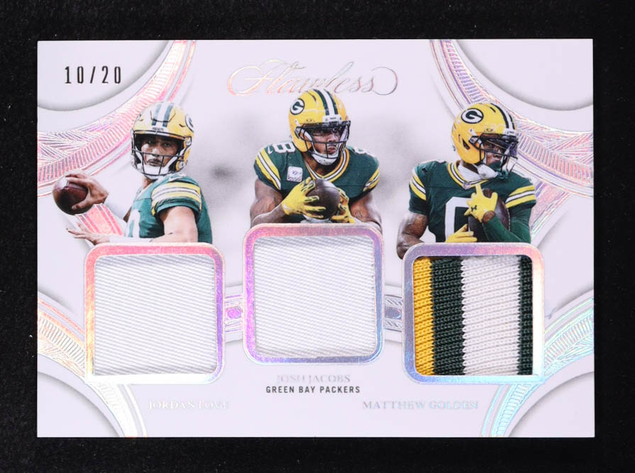 Jordan Love / Josh Jacobs / Matthew Golden 2025 Panini Flawless Triple Patches Silver #9 #10/20 at PristineAuction.com Jordan Love / Josh Jacobs / Matthew Golden 2025 Panini Flawless Triple Patches Silver #9 #10/20 at PristineAuction.com