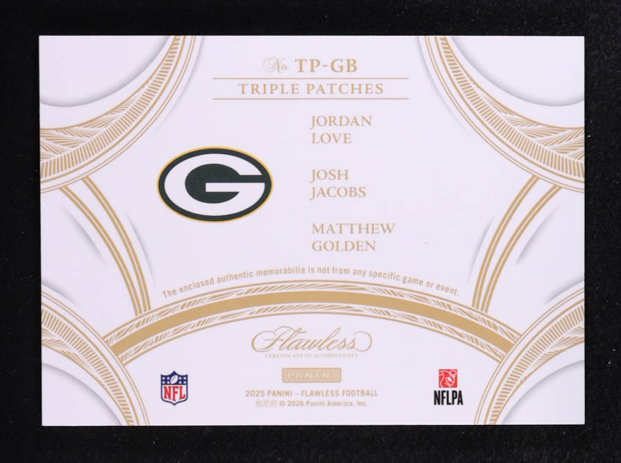 Jordan Love / Josh Jacobs / Matthew Golden 2025 Panini Flawless Triple Patches Silver #9 #10/20 at PristineAuction.com Jordan Love / Josh Jacobs / Matthew Golden 2025 Panini Flawless Triple Patches Silver #9 #10/20 at PristineAuction.com
