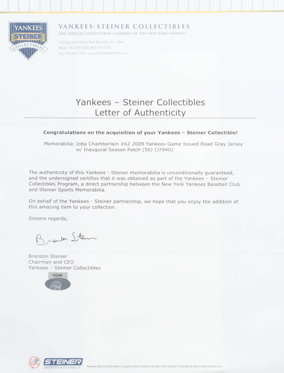Joba Chamberlain Game-Issued Yankees Majestic Authentic Jersey With 2009 Inaugural Season Patch (Steiner) at PristineAuction.com Joba Chamberlain Game-Issued Yankees Majestic Authentic Jersey With 2009 Inaugural Season Patch (Steiner) at PristineAuction.com