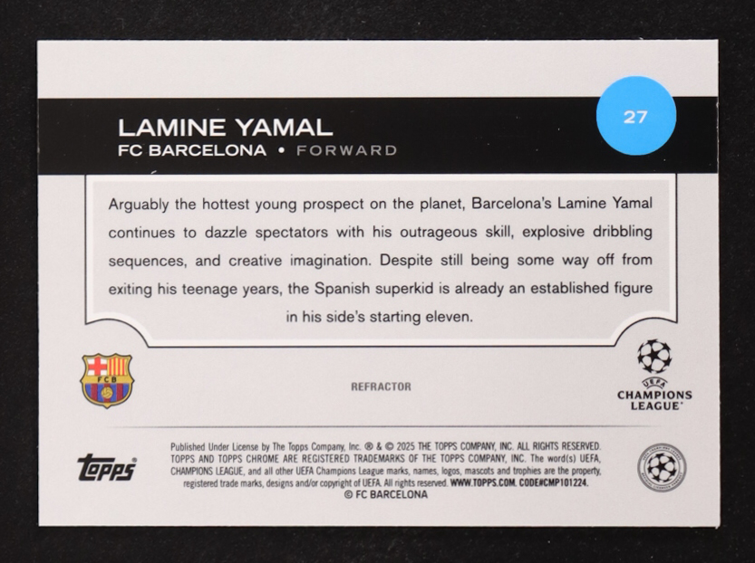Lamine Yamal 2024-25 Topps Chrome UEFA Club Competitions Refractors FS #27 at PristineAuction.com Lamine Yamal 2024-25 Topps Chrome UEFA Club Competitions Refractors FS #27 at PristineAuction.com