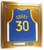 Stephen Curry Signed Warriors Custom Framed Jersey Display with (2) Warriors NBA Championship Banner Pins & (2) Team Logo Patches (JSA) at PristineAuction.com