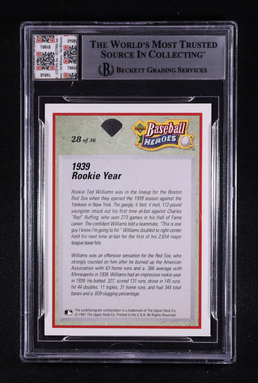 Ted Williams 1992 Upper Deck Baseball Heroes #28 With Game Used Bat-Relic (BGS) at PristineAuction.com Ted Williams 1992 Upper Deck Baseball Heroes #28 With Game Used Bat-Relic (BGS) at PristineAuction.com