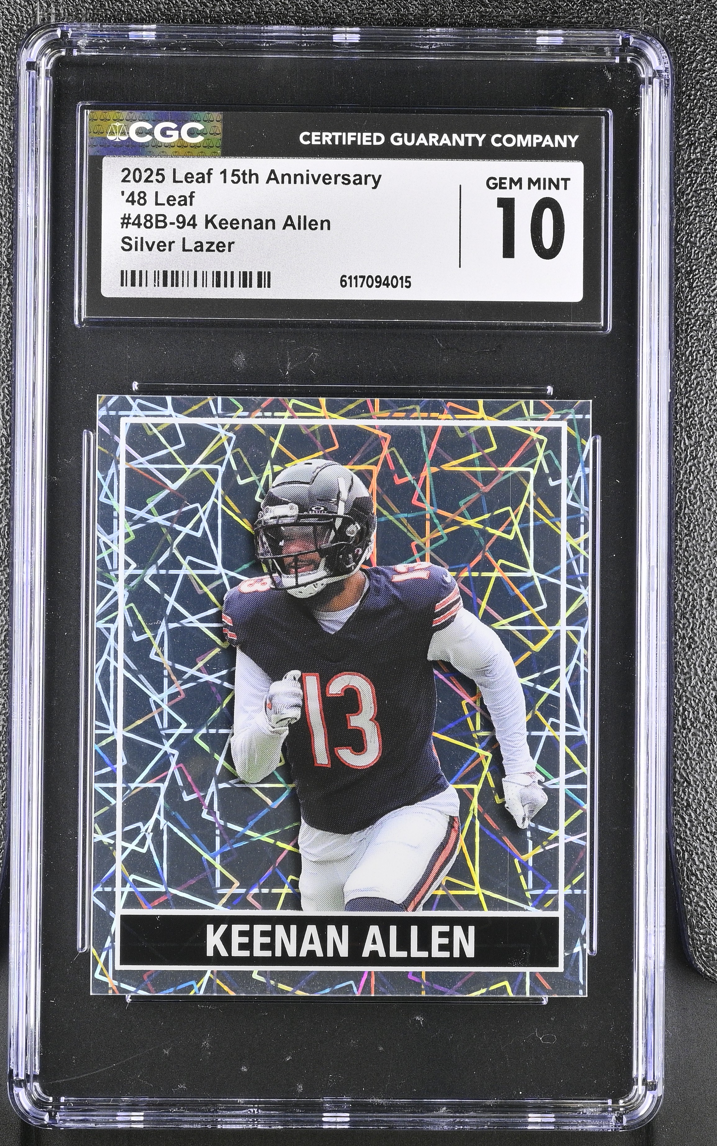 Keenan Allen 2025 Leaf 15th Anniversary '48 Leaf Silver Lazer #48B-94 #14/15 (CGC 10) at PristineAuction.com Keenan Allen 2025 Leaf 15th Anniversary '48 Leaf Silver Lazer #48B-94 #14/15 (CGC 10) at PristineAuction.com