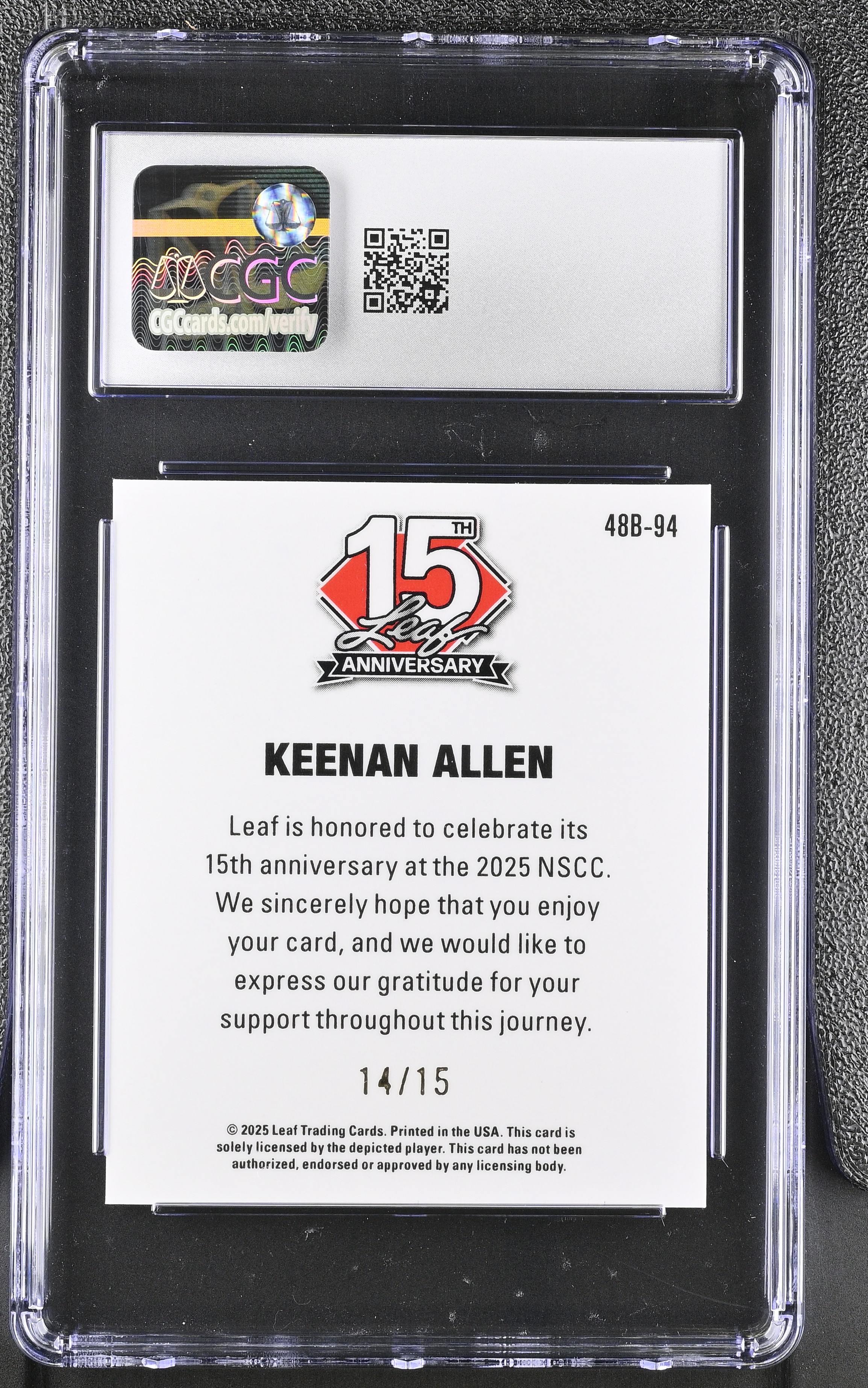 Keenan Allen 2025 Leaf 15th Anniversary '48 Leaf Silver Lazer #48B-94 #14/15 (CGC 10) at PristineAuction.com Keenan Allen 2025 Leaf 15th Anniversary '48 Leaf Silver Lazer #48B-94 #14/15 (CGC 10) at PristineAuction.com