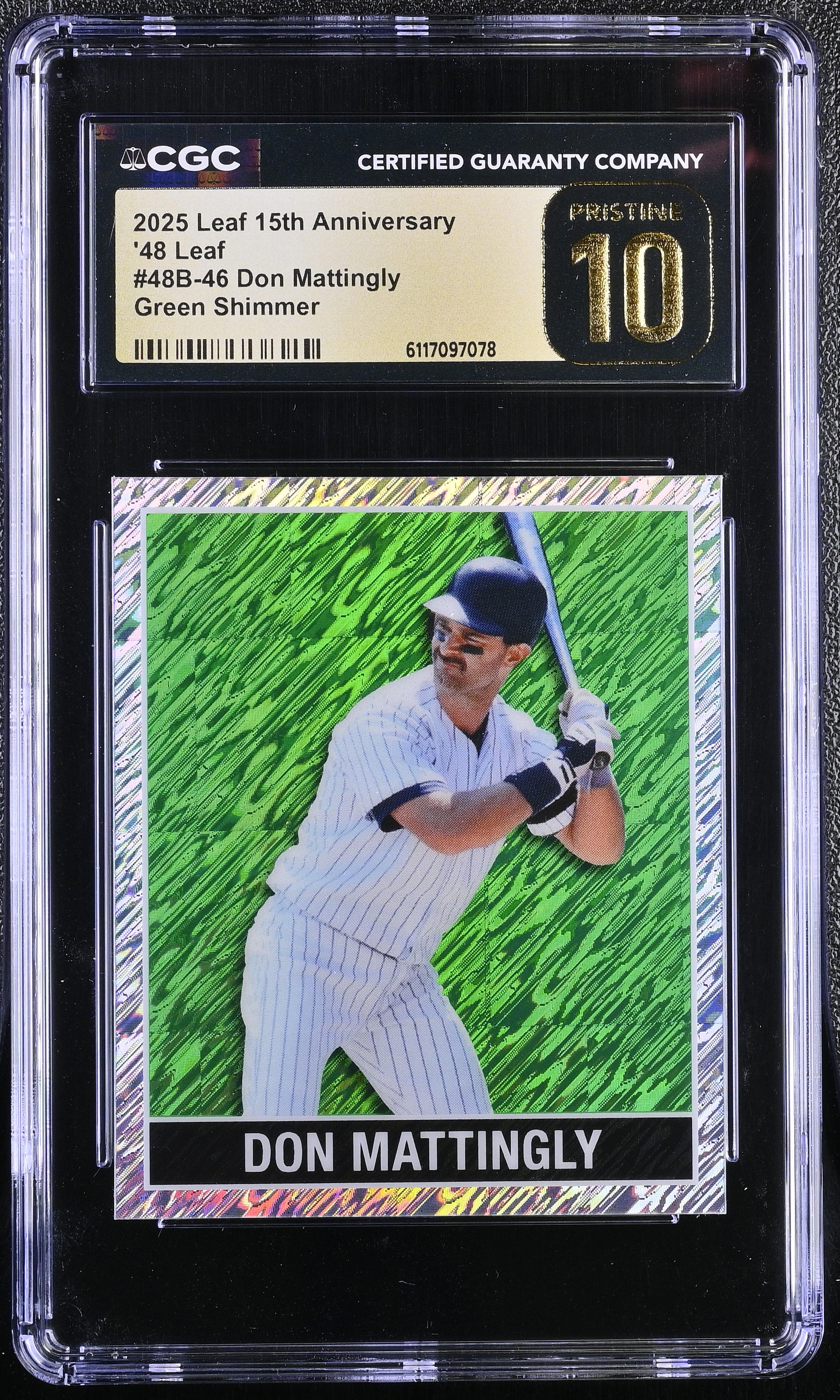 Don Mattingly 2025 Leaf 15th Anniversary '48 Leaf Green Shimmer #48B-46 #3/6 (CGC 10 | Black Label) at PristineAuction.com Don Mattingly 2025 Leaf 15th Anniversary '48 Leaf Green Shimmer #48B-46 #3/6 (CGC 10 | Black Label) at PristineAuction.com