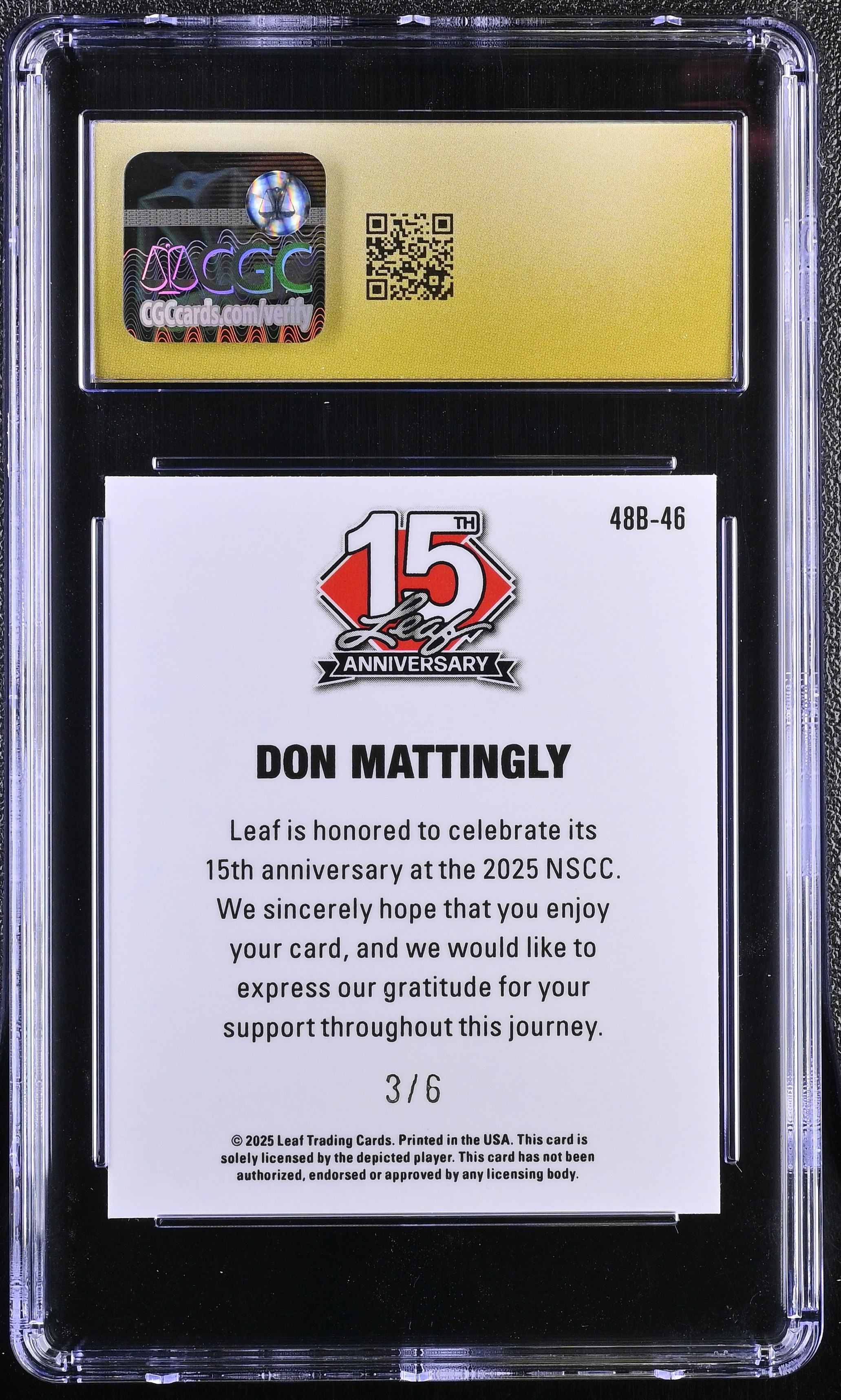 Don Mattingly 2025 Leaf 15th Anniversary '48 Leaf Green Shimmer #48B-46 #3/6 (CGC 10 | Black Label) at PristineAuction.com Don Mattingly 2025 Leaf 15th Anniversary '48 Leaf Green Shimmer #48B-46 #3/6 (CGC 10 | Black Label) at PristineAuction.com