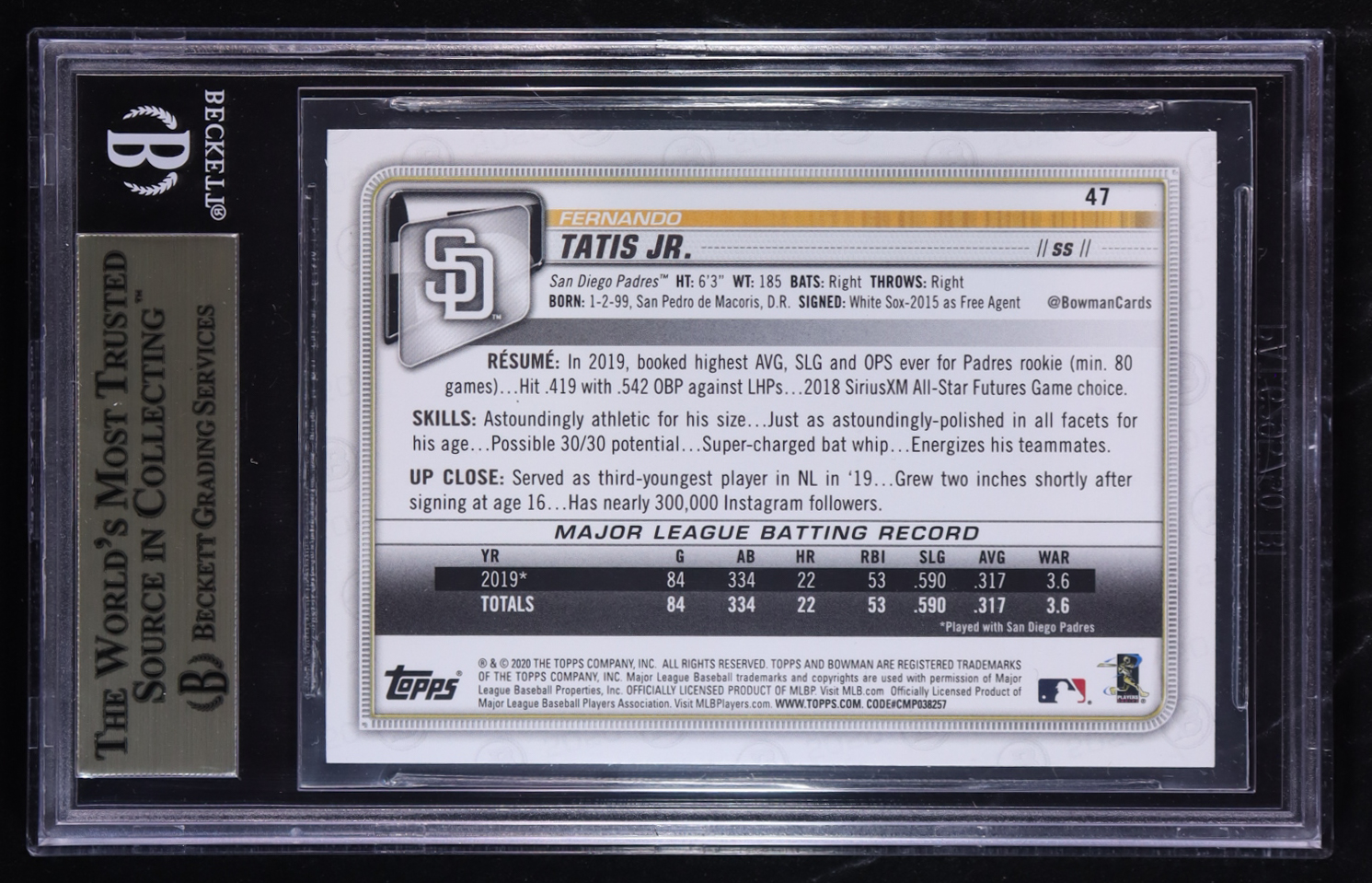 Fernando Tatis Jr. 2020 Bowman #47 (BGS 9.5) at PristineAuction.com Fernando Tatis Jr. 2020 Bowman #47 (BGS 9.5) at PristineAuction.com