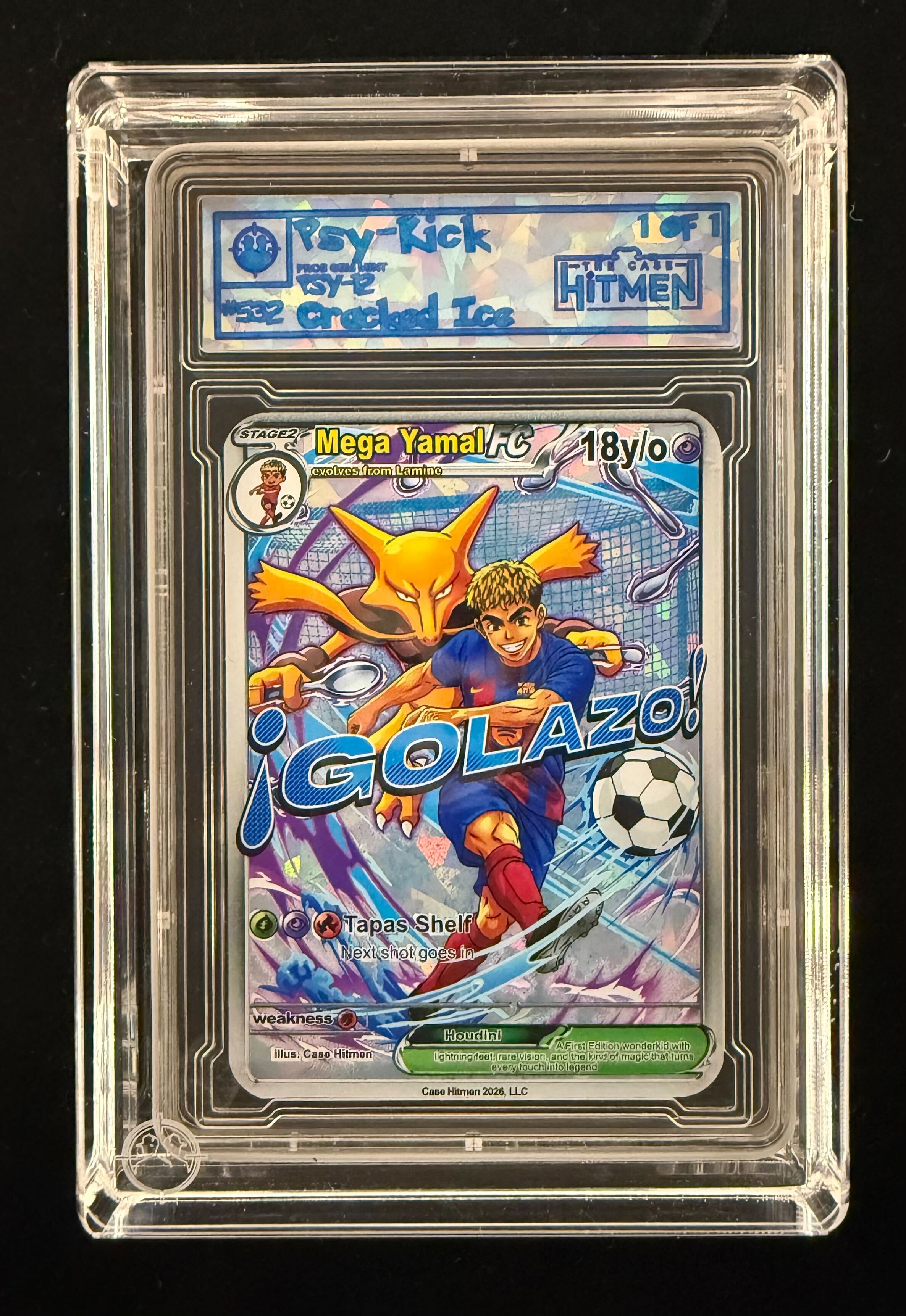 Lamine Yamal - Psy-Kick - Cracked Ice - 2026 The Case Hitmen 1/1 Custom Art Card with Display Case at PristineAuction.com Lamine Yamal - Psy-Kick - Cracked Ice - 2026 The Case Hitmen 1/1 Custom Art Card with Display Case at PristineAuction.com