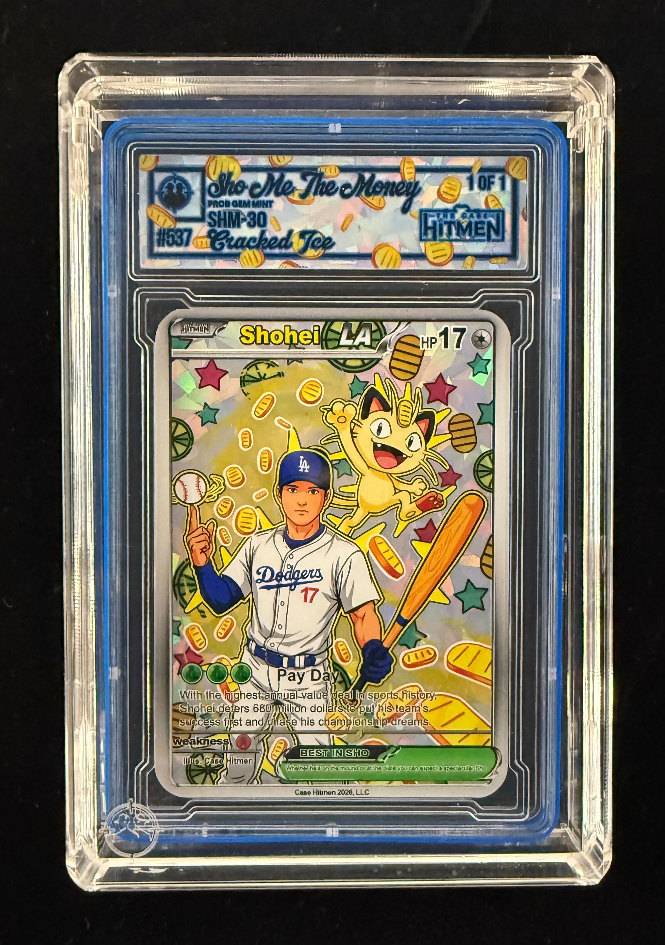 Shohei Ohtani - Sho-Me The Money - Cracked Ice - 2026 The Case Hitmen 1/1 Custom Art Card with Display Case at PristineAuction.com Shohei Ohtani - Sho-Me The Money - Cracked Ice - 2026 The Case Hitmen 1/1 Custom Art Card with Display Case at PristineAuction.com