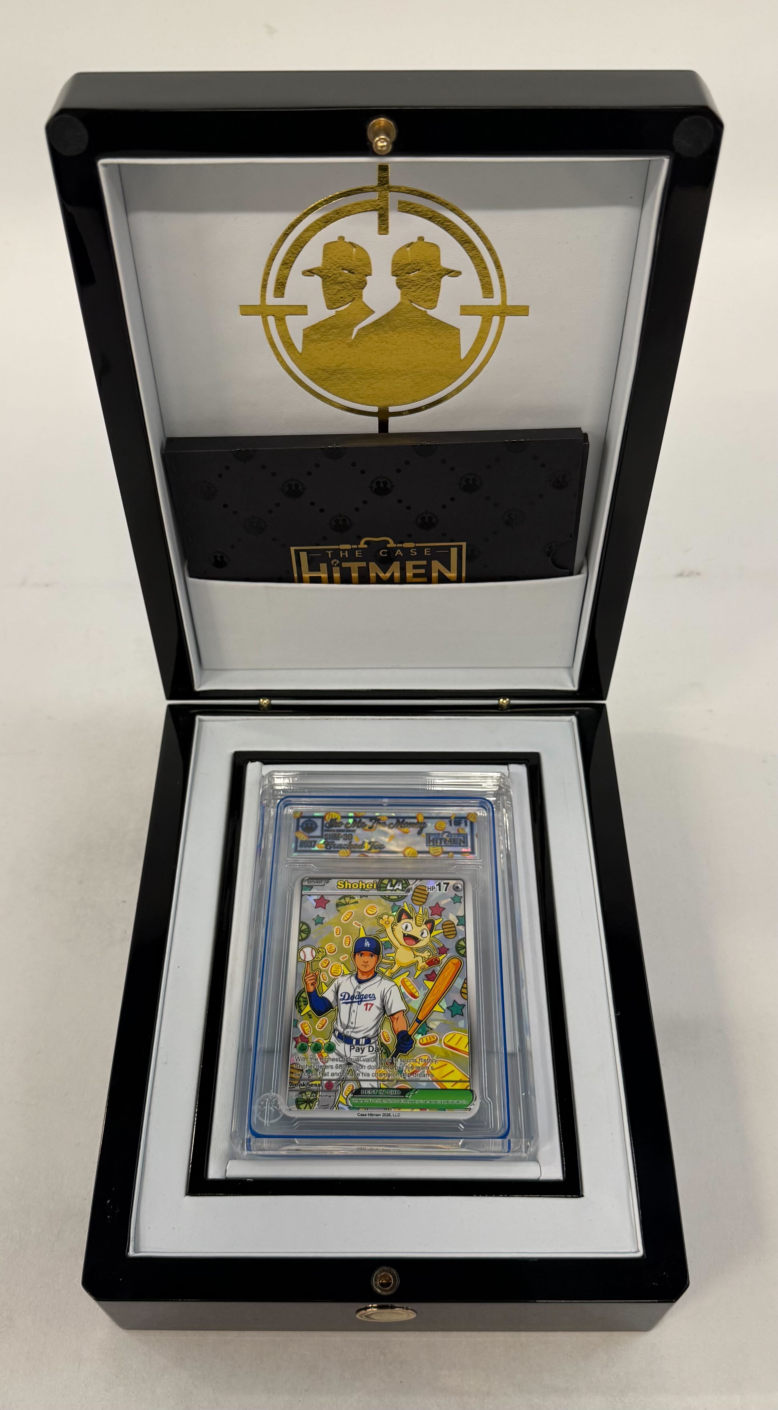Shohei Ohtani - Sho-Me The Money - Cracked Ice - 2026 The Case Hitmen 1/1 Custom Art Card with Display Case at PristineAuction.com Shohei Ohtani - Sho-Me The Money - Cracked Ice - 2026 The Case Hitmen 1/1 Custom Art Card with Display Case at PristineAuction.com