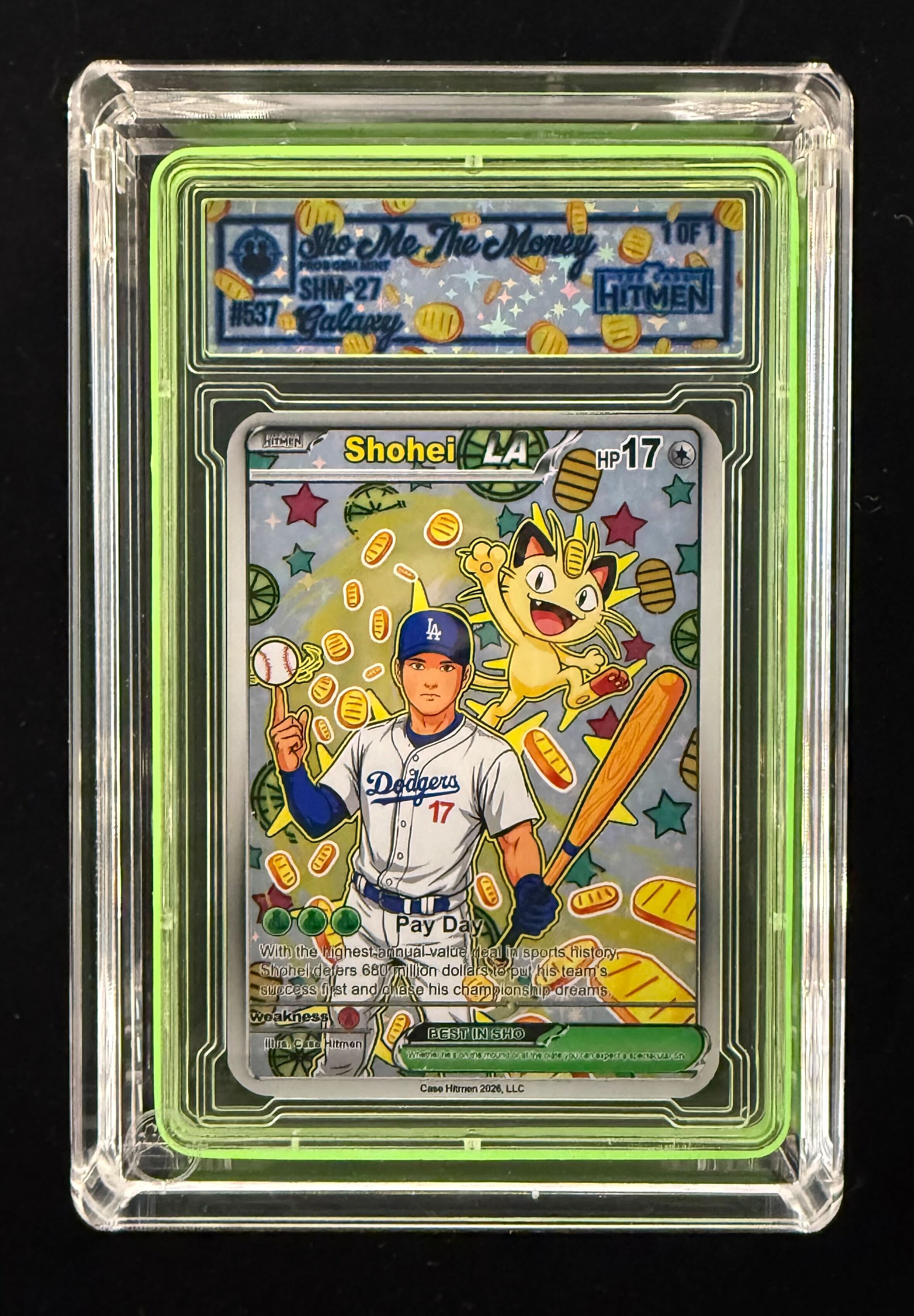 Shohei Ohtani - Sho-Me The Money - Galaxy - 2026 The Case Hitmen 1/1 Custom Art Card with Display Case at PristineAuction.com Shohei Ohtani - Sho-Me The Money - Galaxy - 2026 The Case Hitmen 1/1 Custom Art Card with Display Case at PristineAuction.com