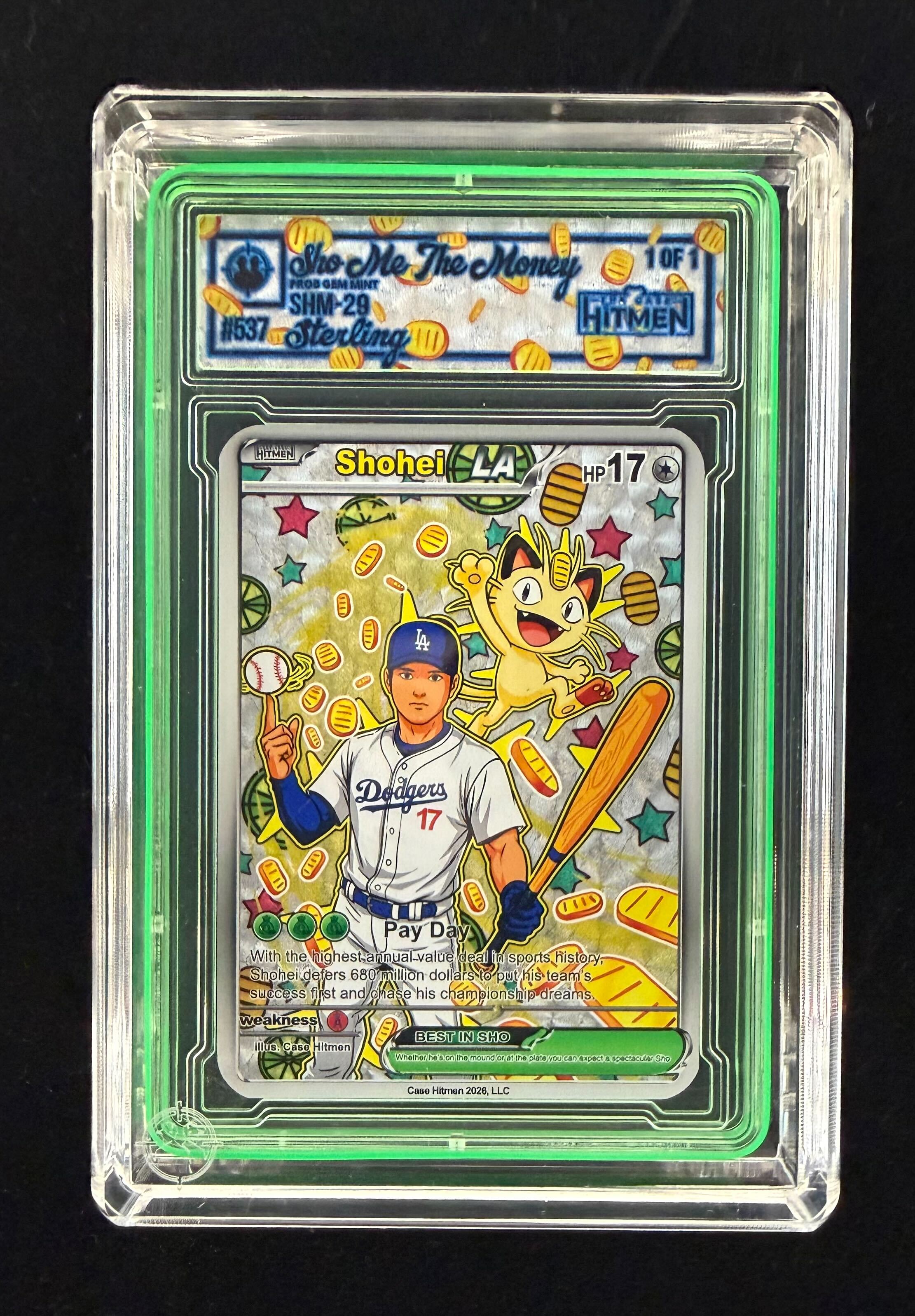 Shohei Ohtani - Sho-Me The Money - Sterling - 2026 The Case Hitmen 1/1 Custom Art Card with Display Case at PristineAuction.com Shohei Ohtani - Sho-Me The Money - Sterling - 2026 The Case Hitmen 1/1 Custom Art Card with Display Case at PristineAuction.com