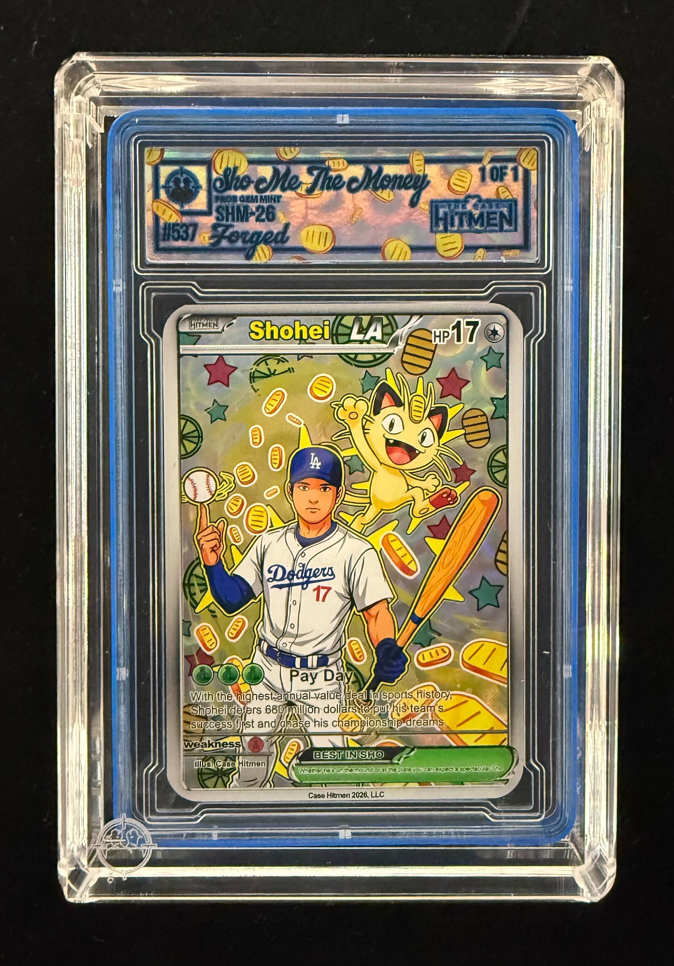 Shohei Ohtani - Sho-Me The Money - Forged - 2026 The Case Hitmen 1/1 Custom Art Card with Display Case at PristineAuction.com Shohei Ohtani - Sho-Me The Money - Forged - 2026 The Case Hitmen 1/1 Custom Art Card with Display Case at PristineAuction.com