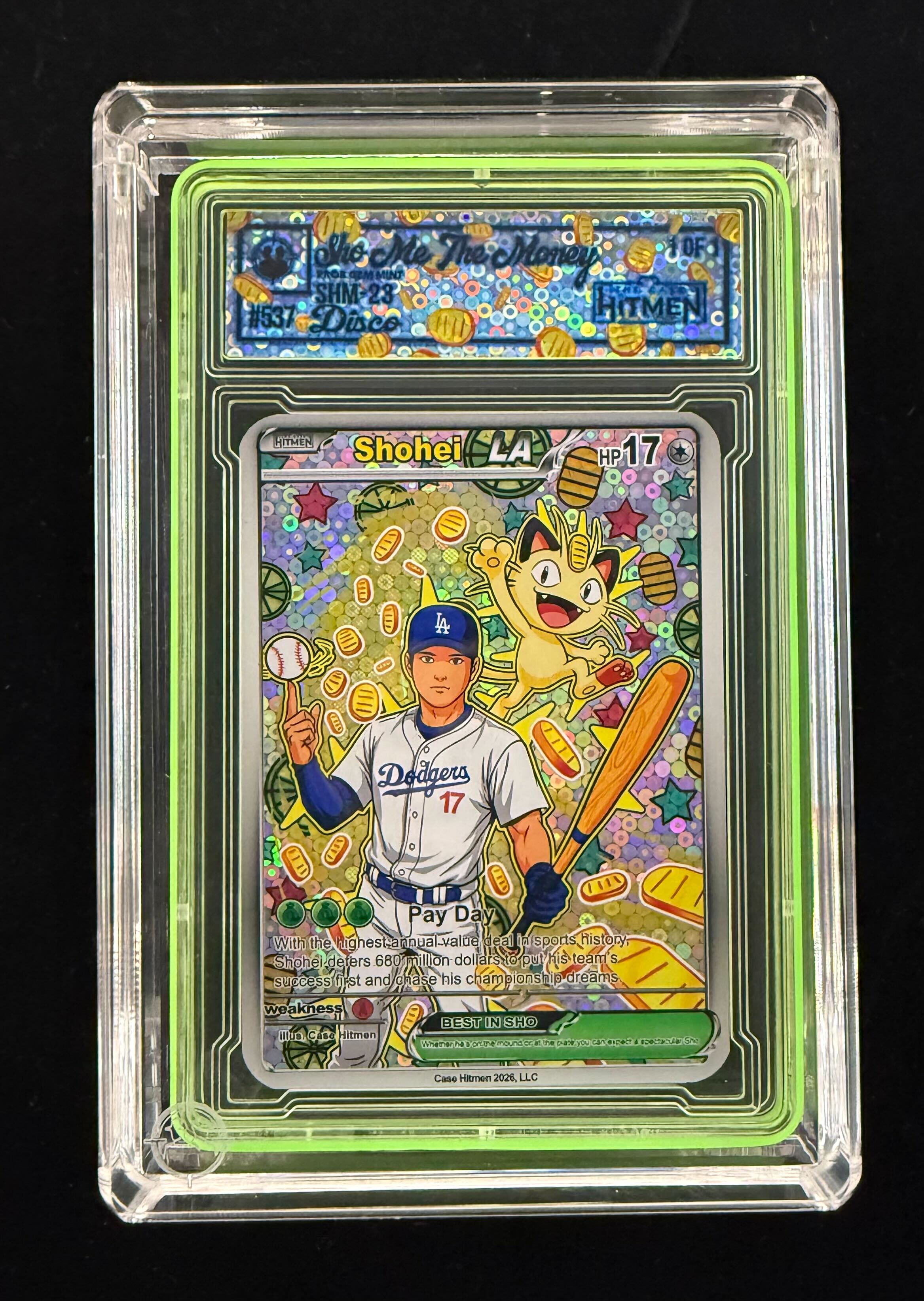 Shohei Ohtani - Sho-Me The Money - Disco - 2026 The Case Hitmen 1/1 Custom Art Card with Display Case at PristineAuction.com Shohei Ohtani - Sho-Me The Money - Disco - 2026 The Case Hitmen 1/1 Custom Art Card with Display Case at PristineAuction.com