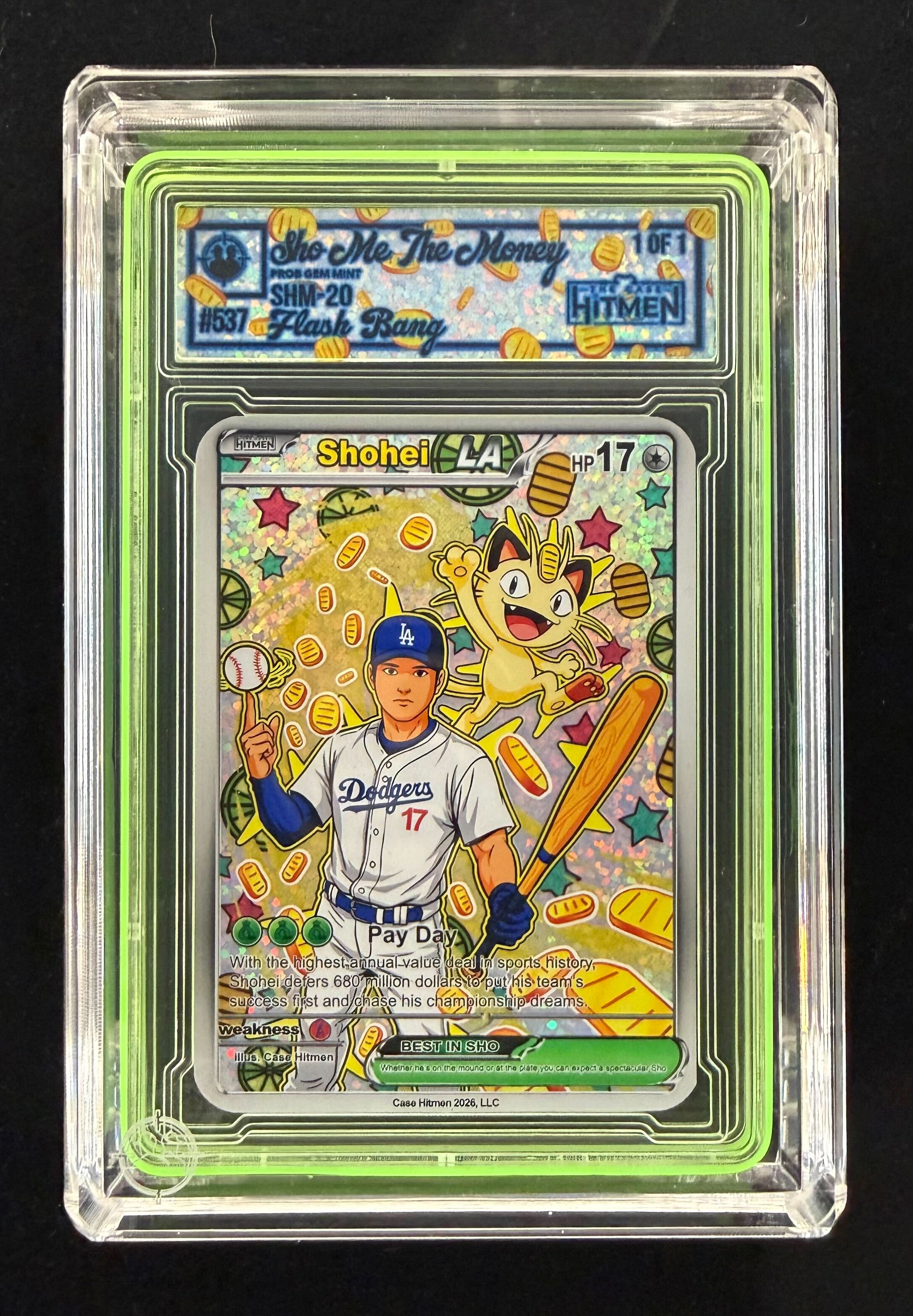Shohei Ohtani - Sho-Me The Money - Flash Bang - 2026 The Case Hitmen 1/1 Custom Art Card with Display Case at PristineAuction.com Shohei Ohtani - Sho-Me The Money - Flash Bang - 2026 The Case Hitmen 1/1 Custom Art Card with Display Case at PristineAuction.com
