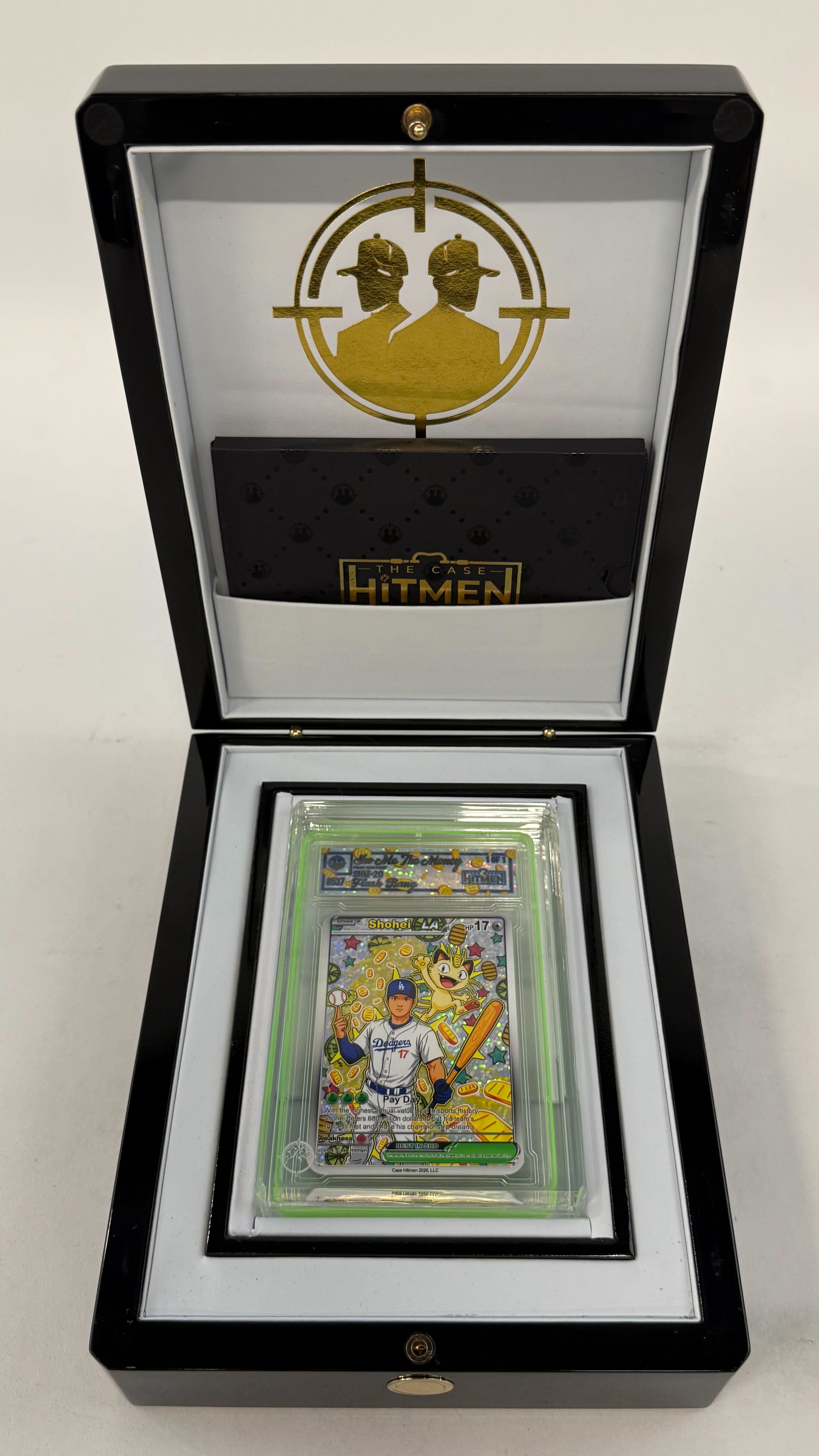 Shohei Ohtani - Sho-Me The Money - Flash Bang - 2026 The Case Hitmen 1/1 Custom Art Card with Display Case at PristineAuction.com Shohei Ohtani - Sho-Me The Money - Flash Bang - 2026 The Case Hitmen 1/1 Custom Art Card with Display Case at PristineAuction.com