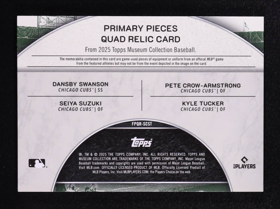 Seiya Suzuki / Dansby Swanson / Kyle Tucker / Pete Crow-Armstrong 2025 Topps Museum Collection Primary Pieces Four Player Quad Relics Copper #FPQRSCST #39/75 at PristineAuction.com Seiya Suzuki / Dansby Swanson / Kyle Tucker / Pete Crow-Armstrong 2025 Topps Museum Collection Primary Pieces Four Player Quad Relics Copper #FPQRSCST #39/75 at PristineAuction.com