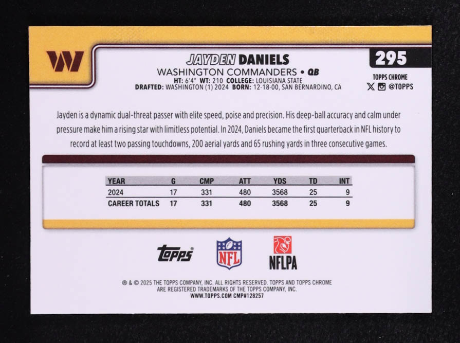 Jayden Daniels 2025 Topps Chrome Football Leather Refractors #295 at PristineAuction.com Jayden Daniels 2025 Topps Chrome Football Leather Refractors #295 at PristineAuction.com