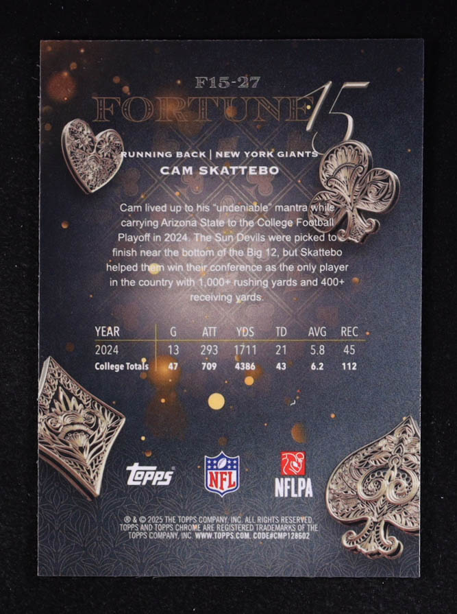 Cam Skattebo 2025 Topps Chrome Fortune 15 #F1527 RC at PristineAuction.com Cam Skattebo 2025 Topps Chrome Fortune 15 #F1527 RC at PristineAuction.com