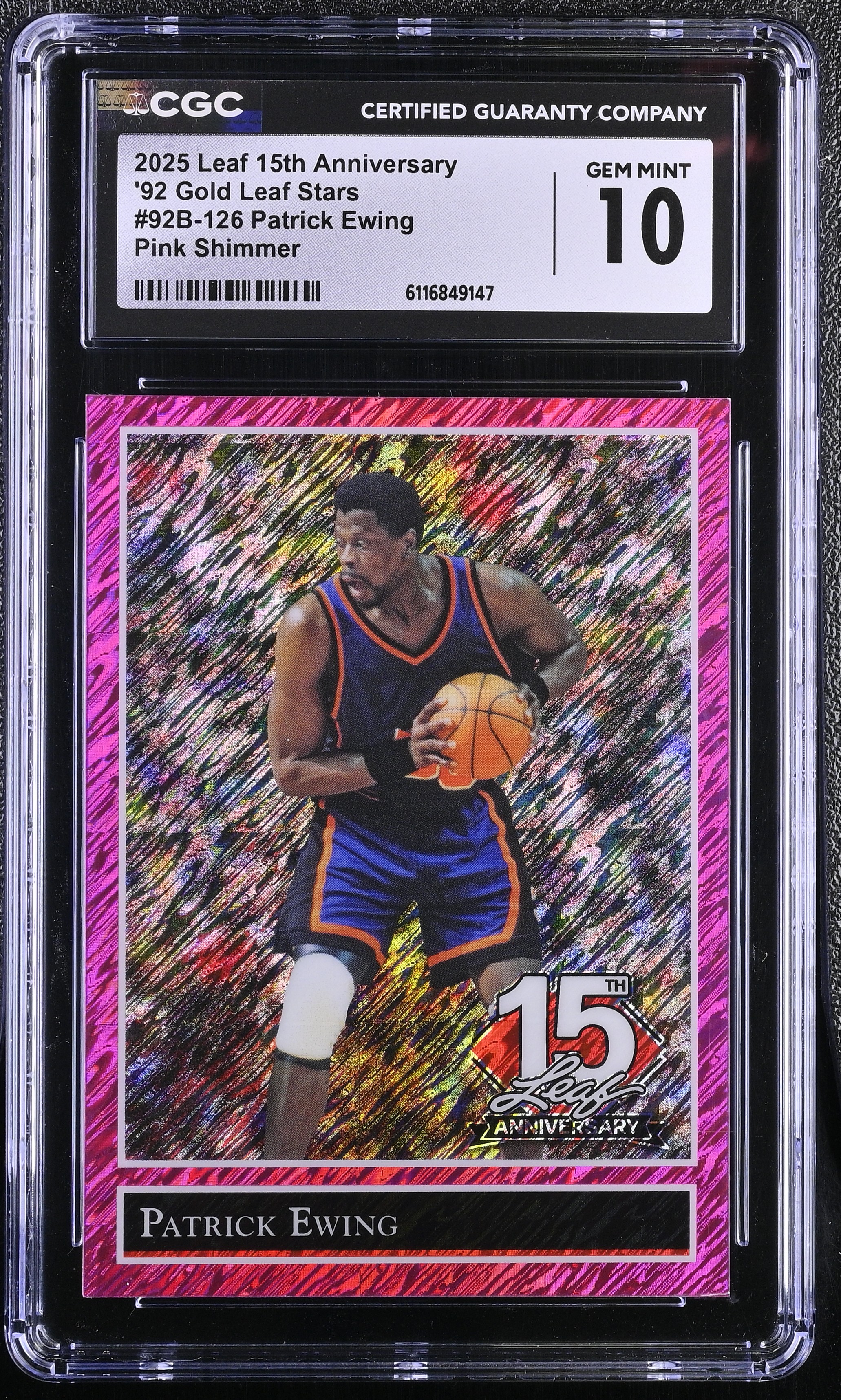 Patrick Ewing 2025 Leaf 15th Anniversary '92 Gold Leaf Stars Pink Shimmer #92B-126 #7/8 (CGC 10) at PristineAuction.com Patrick Ewing 2025 Leaf 15th Anniversary '92 Gold Leaf Stars Pink Shimmer #92B-126 #7/8 (CGC 10) at PristineAuction.com