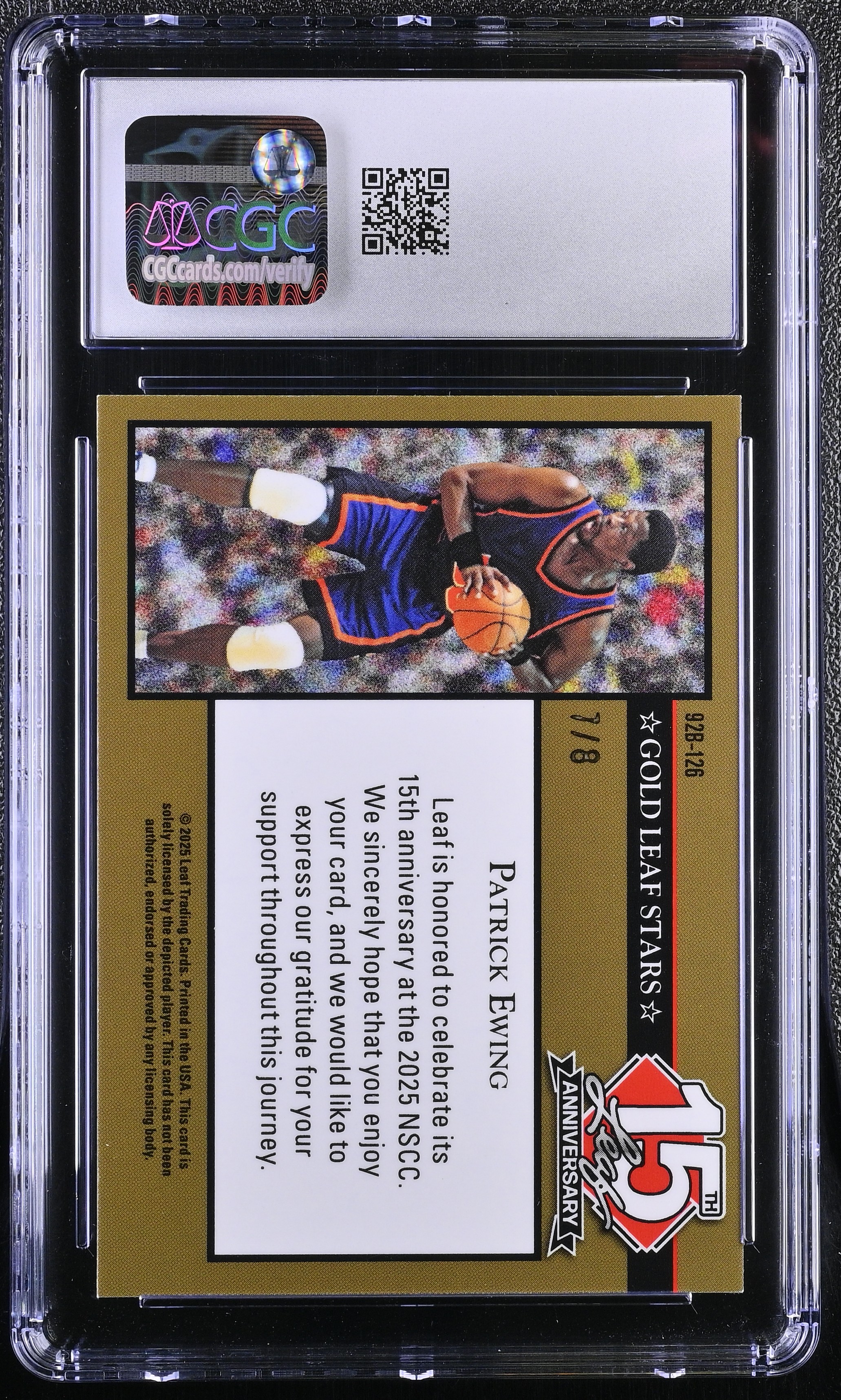 Patrick Ewing 2025 Leaf 15th Anniversary '92 Gold Leaf Stars Pink Shimmer #92B-126 #7/8 (CGC 10) at PristineAuction.com Patrick Ewing 2025 Leaf 15th Anniversary '92 Gold Leaf Stars Pink Shimmer #92B-126 #7/8 (CGC 10) at PristineAuction.com