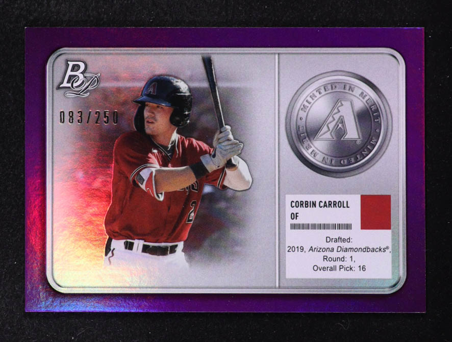 Corbin Carroll 2022 Bowman Platinum Minted in Merit Purple #MM1 #083/250 at PristineAuction.com Corbin Carroll 2022 Bowman Platinum Minted in Merit Purple #MM1 #083/250 at PristineAuction.com