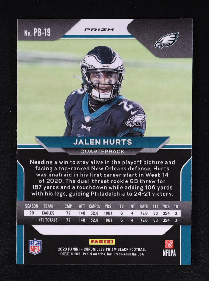 Jalen Hurts 2020 Panini Prizm Black Silver #19 RC at PristineAuction.com Jalen Hurts 2020 Panini Prizm Black Silver #19 RC at PristineAuction.com
