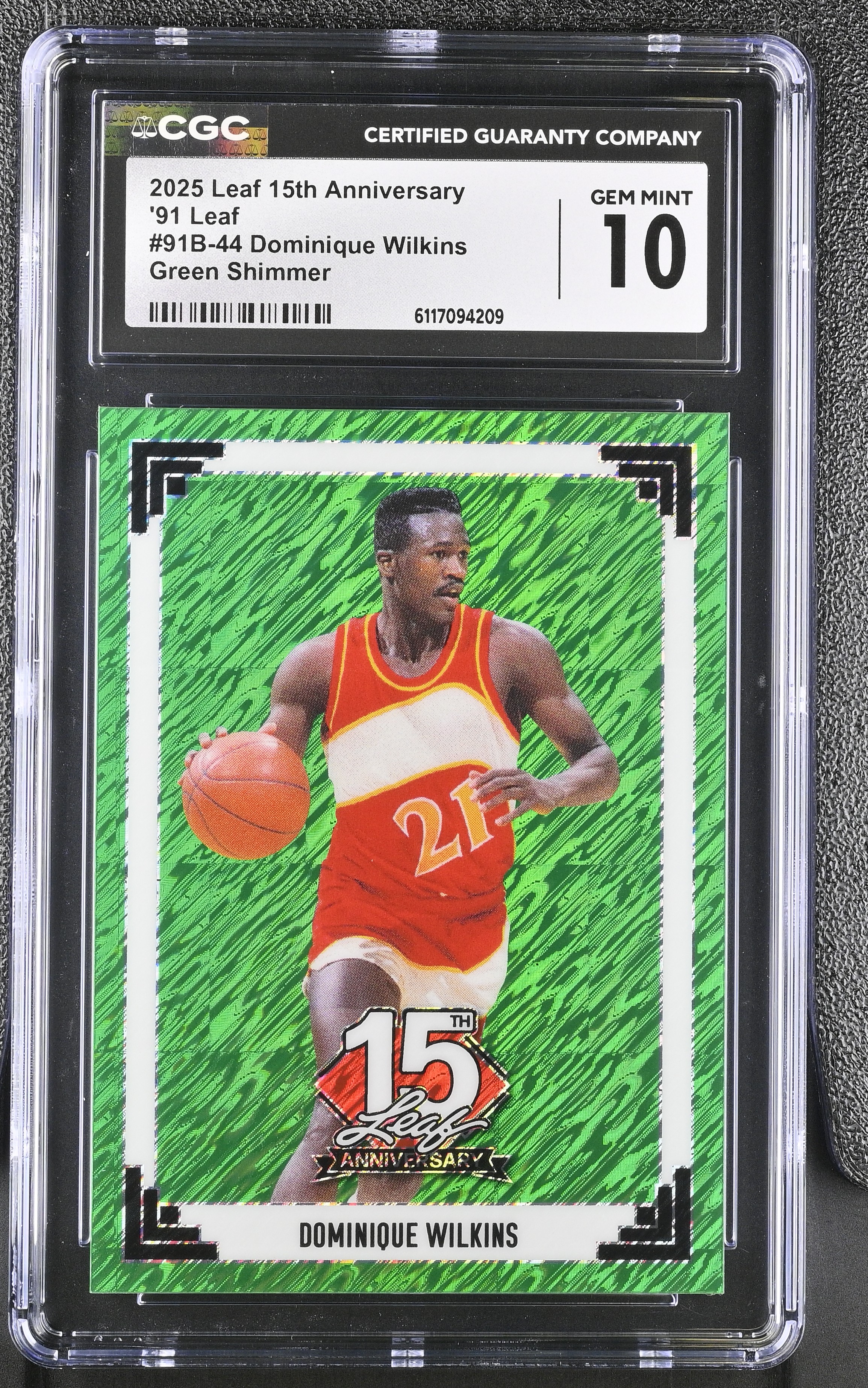Dominique Wilkins 2025 Leaf 15th Anniversary '91 Leaf Green Shimmer #91B-44 #1/6 (CGC 10) at PristineAuction.com Dominique Wilkins 2025 Leaf 15th Anniversary '91 Leaf Green Shimmer #91B-44 #1/6 (CGC 10) at PristineAuction.com