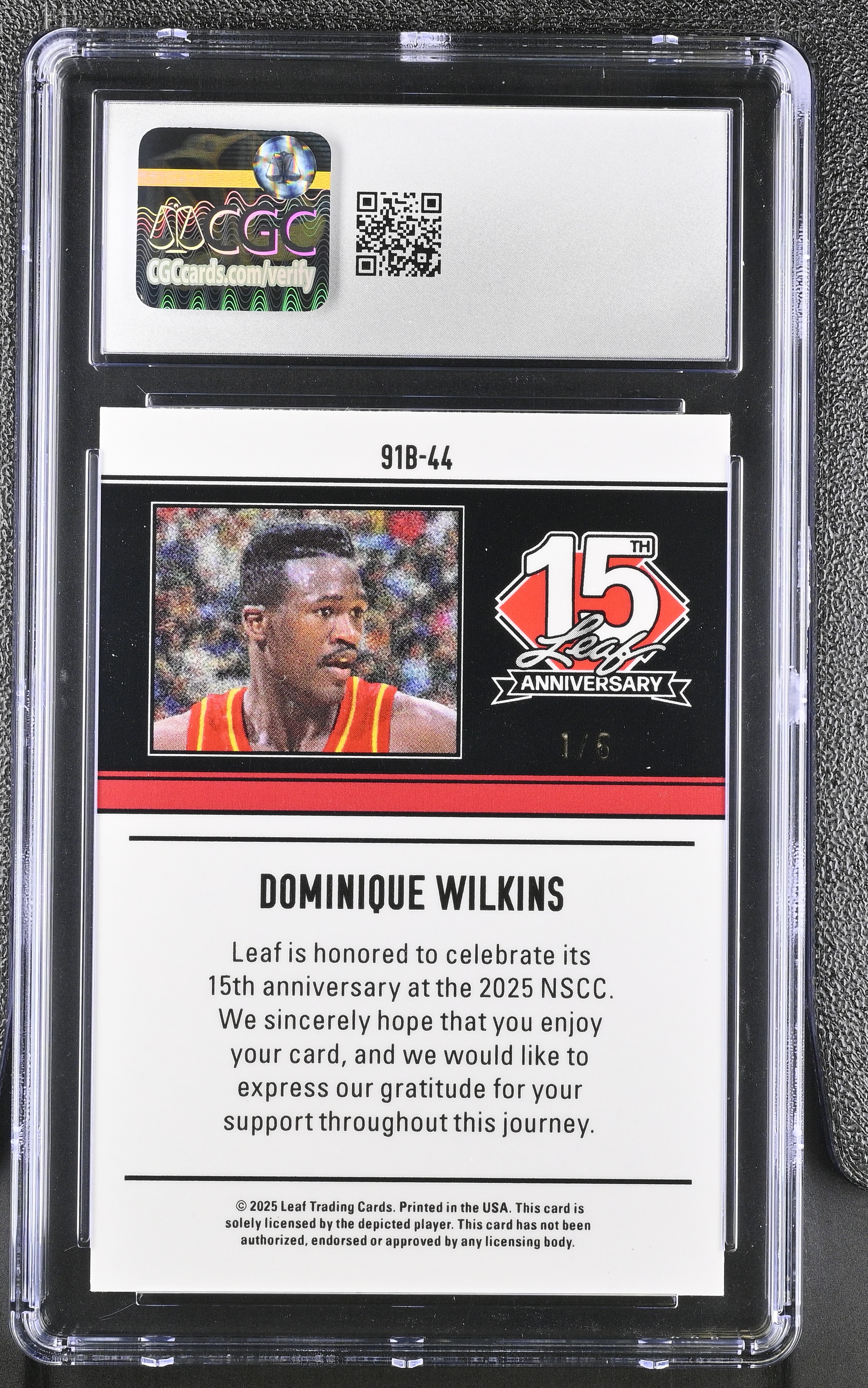 Dominique Wilkins 2025 Leaf 15th Anniversary '91 Leaf Green Shimmer #91B-44 #1/6 (CGC 10) at PristineAuction.com Dominique Wilkins 2025 Leaf 15th Anniversary '91 Leaf Green Shimmer #91B-44 #1/6 (CGC 10) at PristineAuction.com