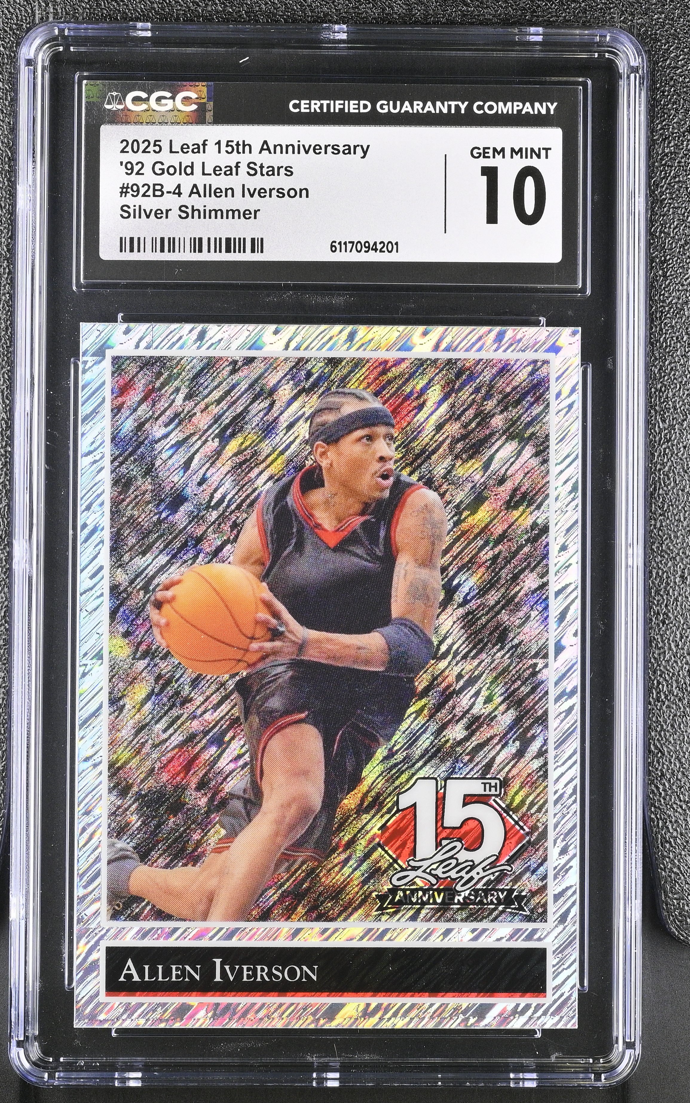 Allen Iverson 2025 Leaf 15th Anniversary '92 Gold Leaf Stars Silver Shimmer #92B-4 #3/15 (CGC 10) at PristineAuction.com Allen Iverson 2025 Leaf 15th Anniversary '92 Gold Leaf Stars Silver Shimmer #92B-4 #3/15 (CGC 10) at PristineAuction.com