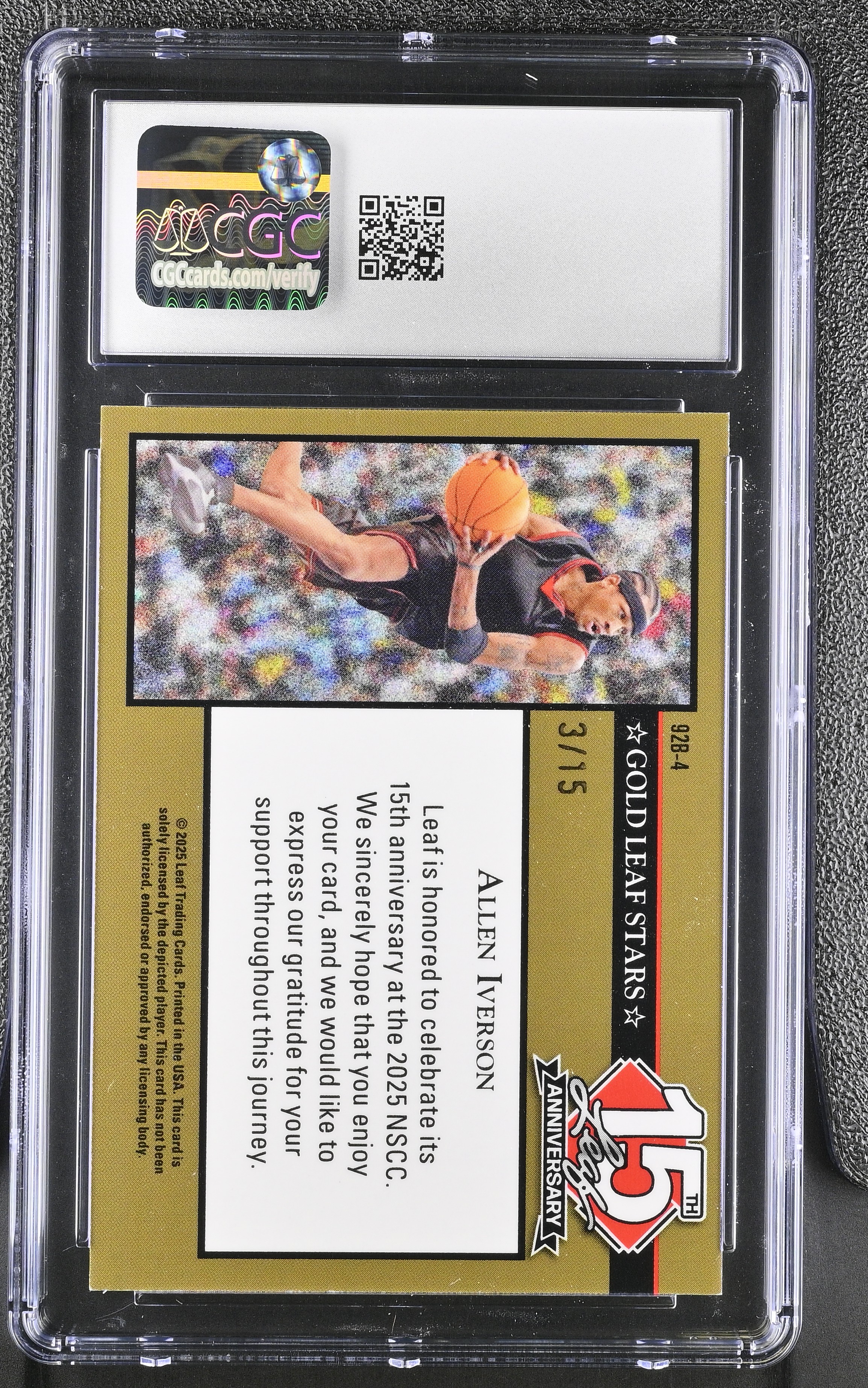Allen Iverson 2025 Leaf 15th Anniversary '92 Gold Leaf Stars Silver Shimmer #92B-4 #3/15 (CGC 10) at PristineAuction.com Allen Iverson 2025 Leaf 15th Anniversary '92 Gold Leaf Stars Silver Shimmer #92B-4 #3/15 (CGC 10) at PristineAuction.com