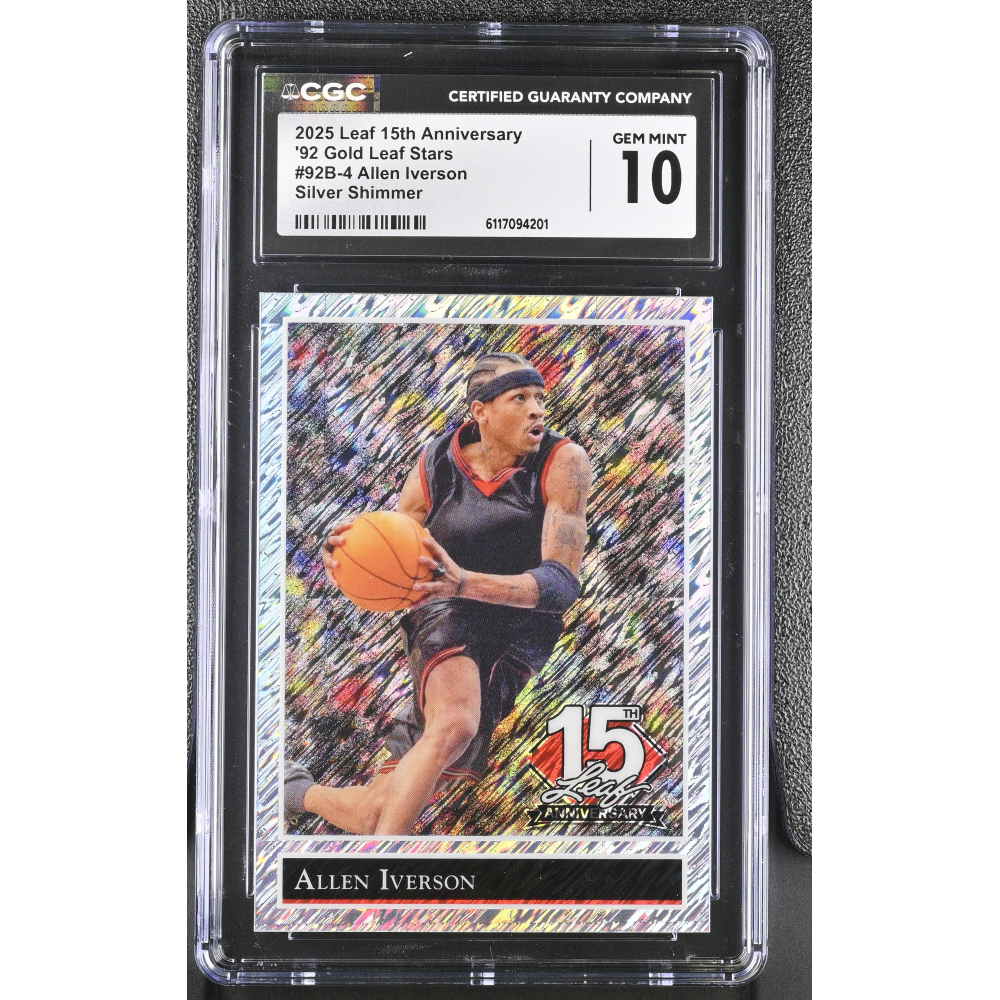 Allen Iverson 2025 Leaf 15th Anniversary '92 Gold Leaf Stars Silver Shimmer #92B-4 #3/15 (CGC 10) at PristineAuction.com