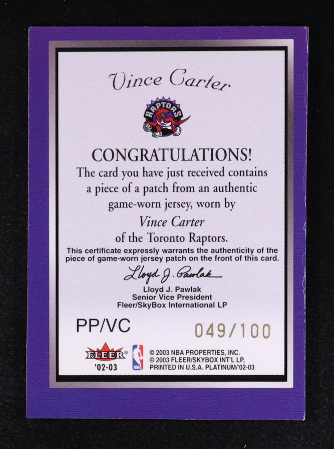 Vince Carter 2002-03 Fleer Platinum Portraits Game Worn Patch #VC #49/100 at PristineAuction.com Vince Carter 2002-03 Fleer Platinum Portraits Game Worn Patch #VC #49/100 at PristineAuction.com