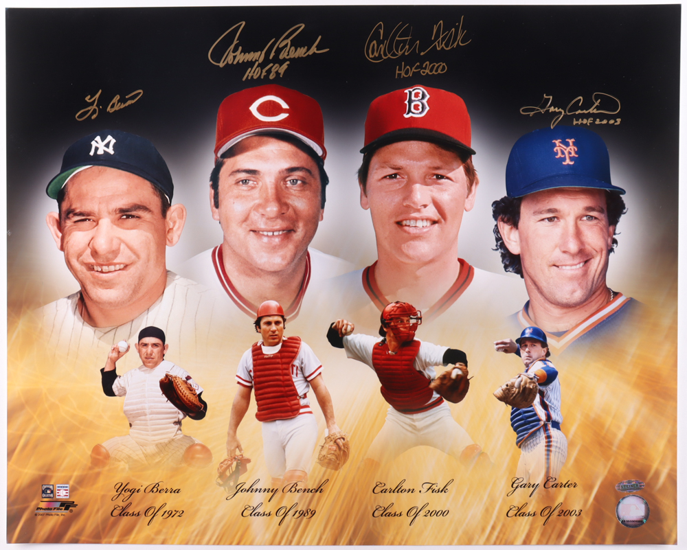 Hall of Fame Catchers 16x20 Photo Signed & Inscribed By (4) with Yogi Berra, Johnny Bench, Carlton Fisk & Gary Carter (Steiner) at PristineAuction.com Hall of Fame Catchers 16x20 Photo Signed & Inscribed By (4) with Yogi Berra, Johnny Bench, Carlton Fisk & Gary Carter (Steiner) at PristineAuction.com